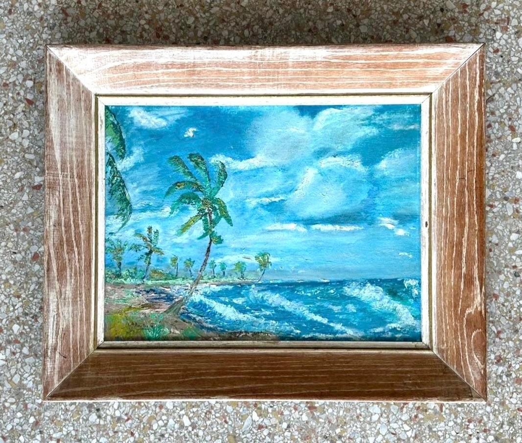 A  splendido olio su tela originale vintage di Vintage By. Un'elegante e pesante superficie ad encausto con colori chiari e brillanti su questo affascinante paesaggio marino. Firmato dall'artista. Acquistato da una proprietà di Miami. 