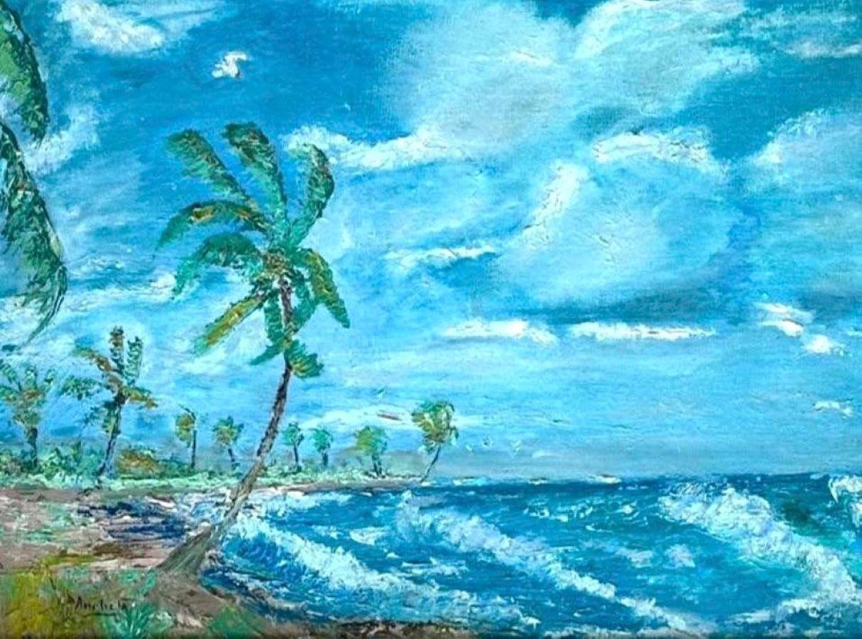 XX secolo Encausto astratto d'epoca su tela con paesaggio marino
