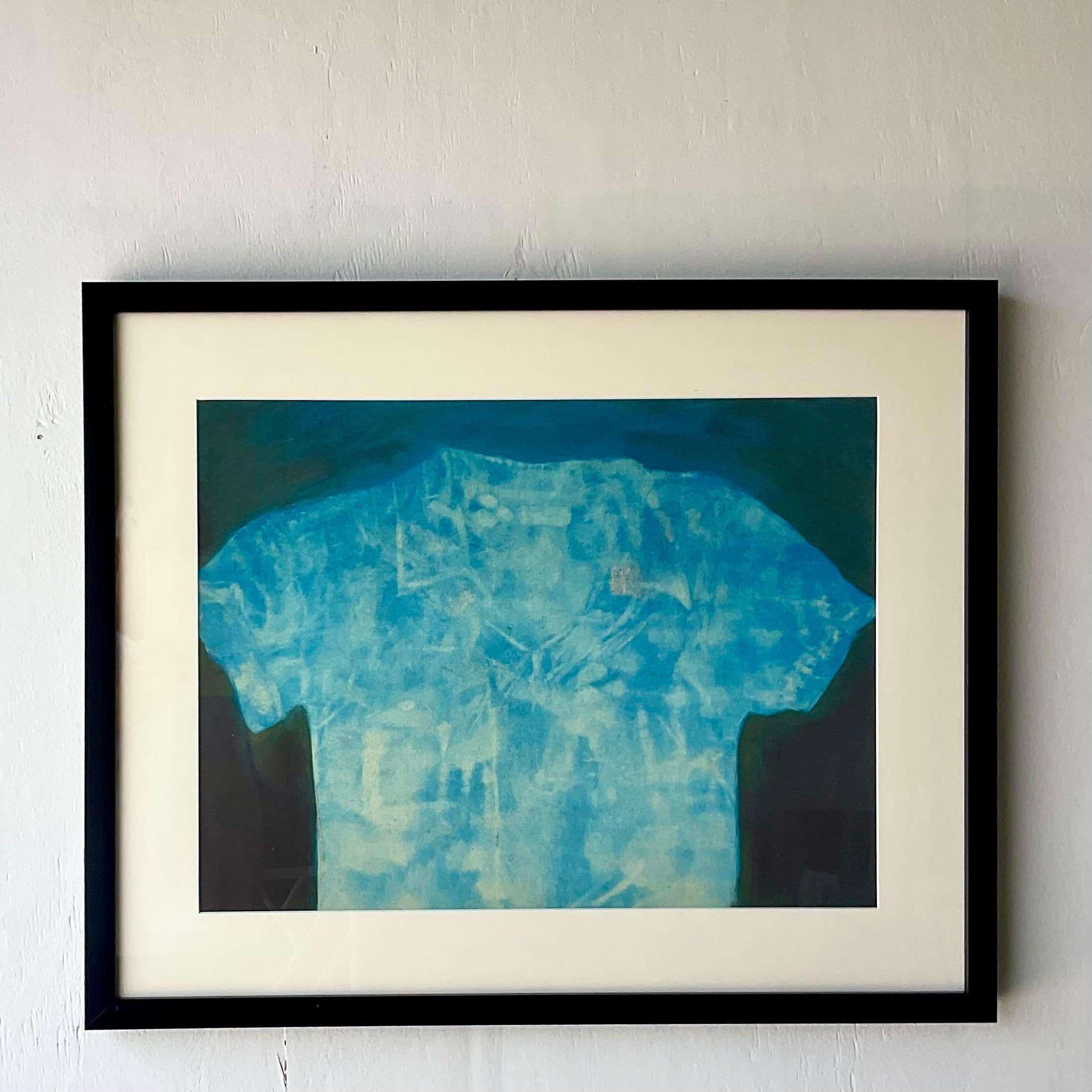 A fabulous vintage Boho original oil painting on paper. A beautiful composition of a shirt in brilliant shade of blue. Done by the artist Joe Davoli. Acquired from a Ft Lauderdale estate.
