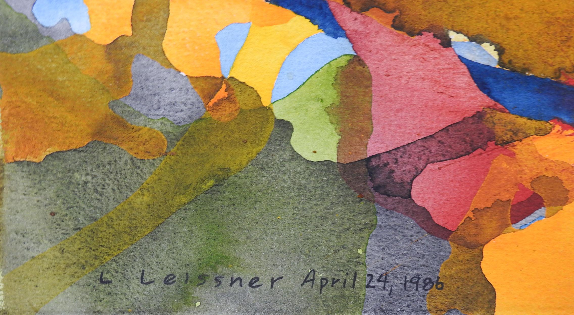 Vintage 1986 abstraktes Aquarell auf schwerem Papier von Lawrence Leissner (20. Jahrhundert) Texas.  Unten in der Mitte signiert, betitelt Allegorie über Pfifferlinge, verso signiert und datiert.  Ungerahmt.