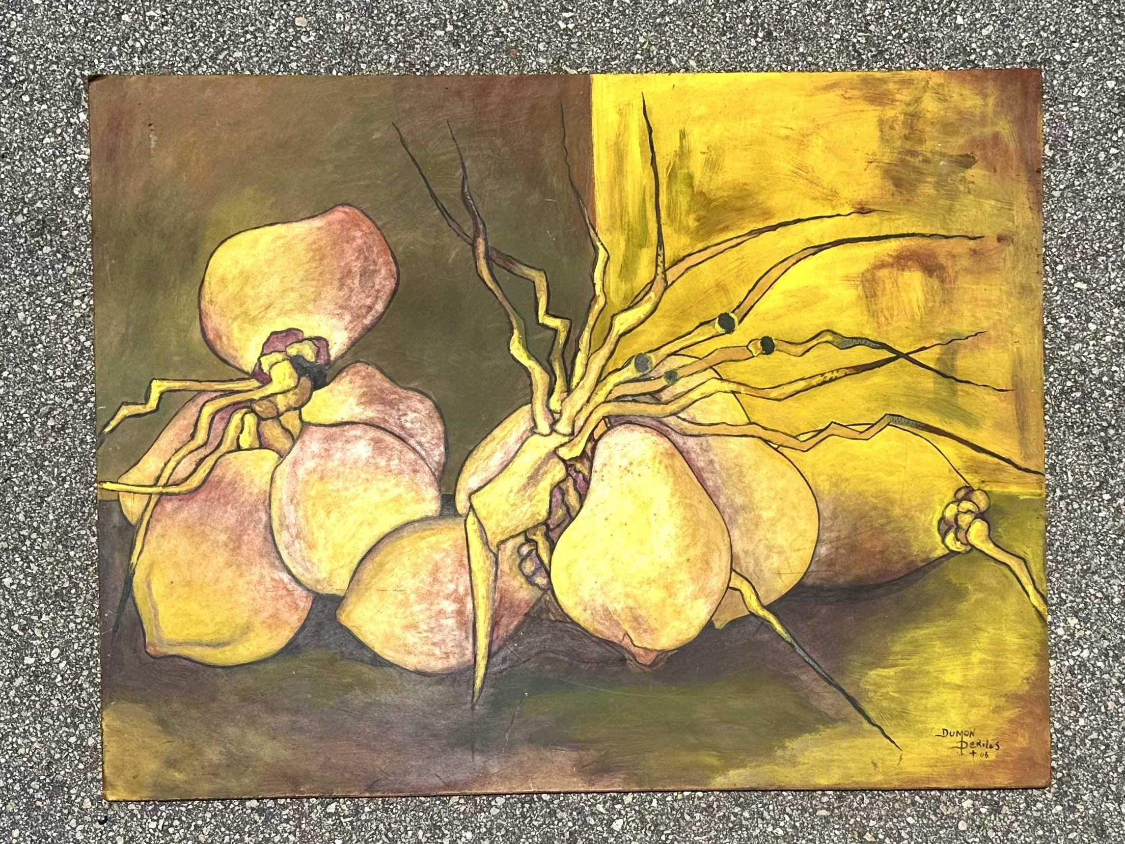Aggiungi un tocco di raffinatezza artistica al tuo spazio con questa natura morta astratta vintage olio su legno, firmata dall'artista. Questo pezzo unico presenta forme astratte e audaci e colori vivaci, mettendo in mostra la visione creativa e