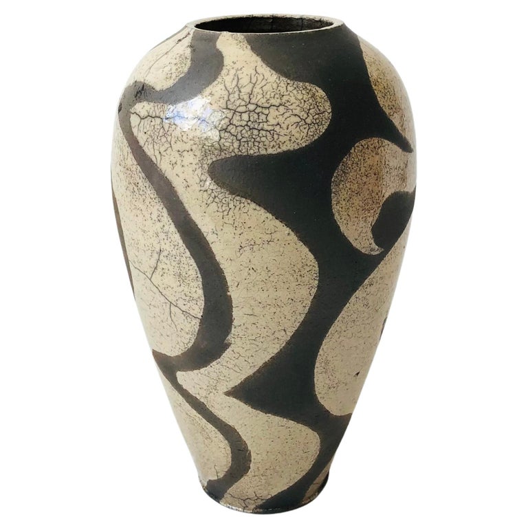 Roger Raku Raku Twoa Vintage Abstract Two Toned Raku Pottery Vase For Sale at 1stDibs