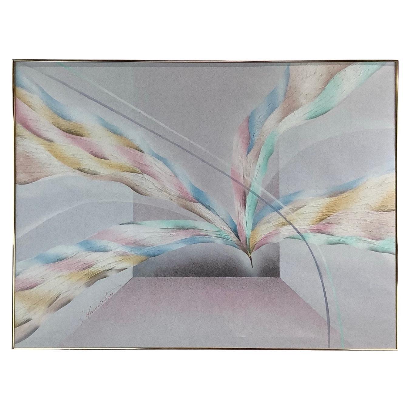 Ein stimmungsvolles abstraktes Gemälde aus den 1980er Jahren, signiert von S. Harrington. Das Werk verkörpert den Geist der postmodernen Abstraktion, in der Form und Farbe verschmelzen, um sowohl Energie als auch Atmosphäre zu erzeugen. Pastelltöne
