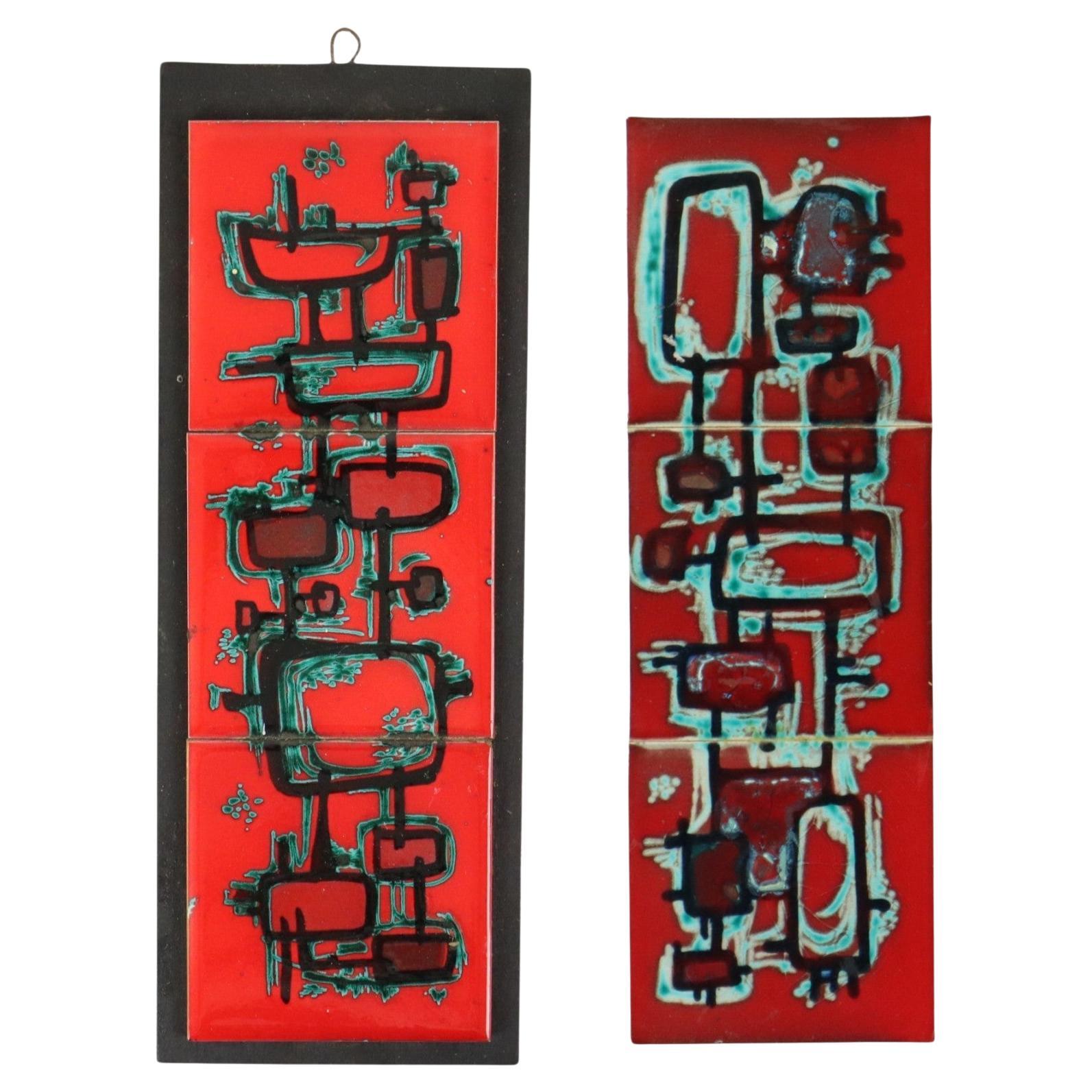 Vintage Abstract Wall Decoration Red Ceramic Set of 2