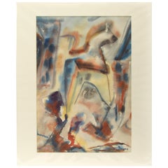 Vintage Abstract Watercolor Painting by Marge Negus, Mounted in Window Mat