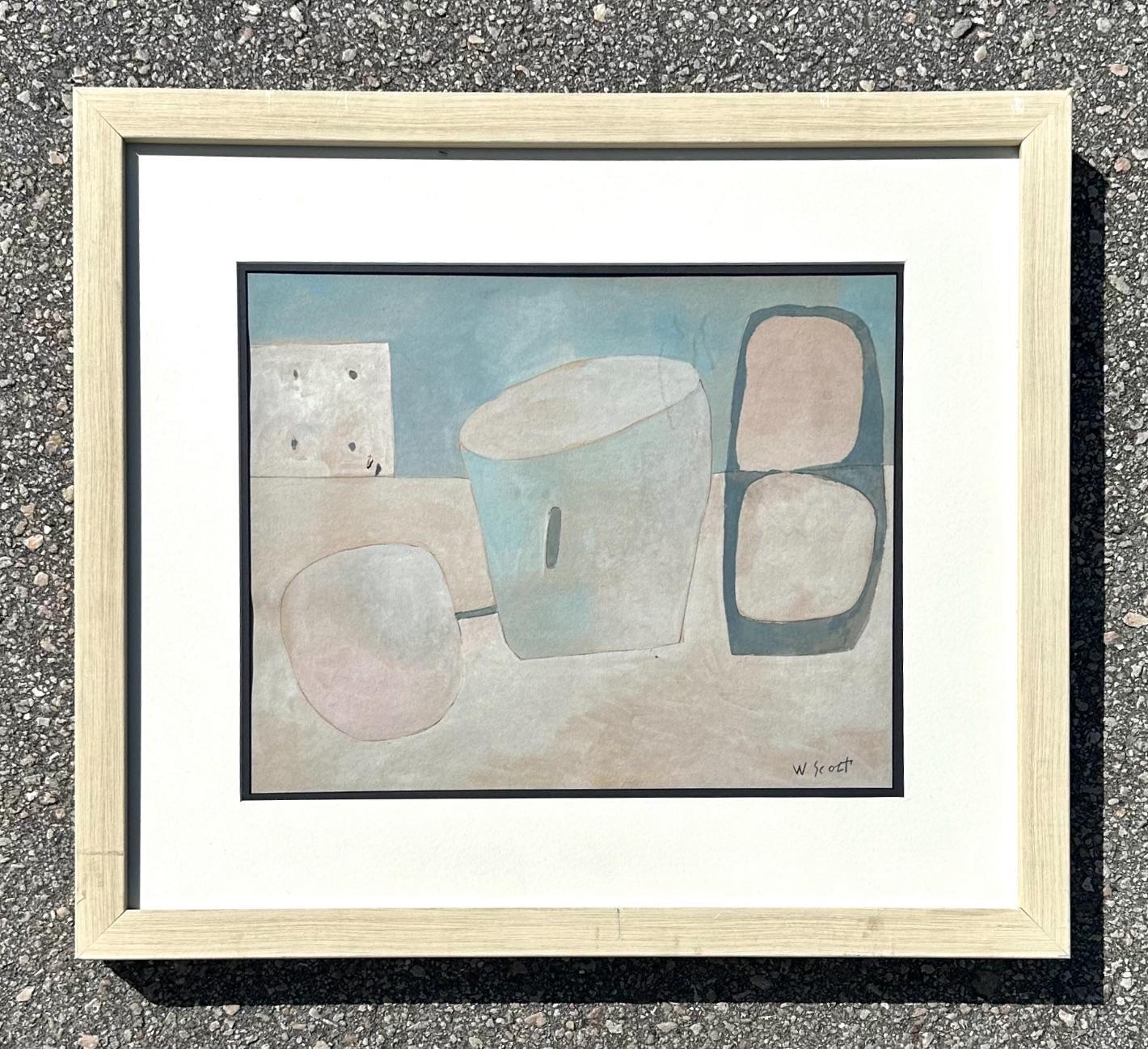 Questo splendido acquerello è una figura astratta che utilizza colori pastello blu e rosa. Questo dipinto minimalista presenta forme astratte e colorazioni sottili che si uniscono per creare una composizione straordinaria. Acquistato da una