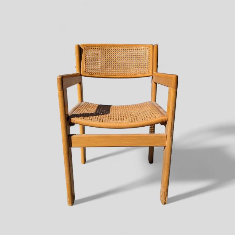 Late 20th Century Vintage Accent Chair, Solid Wood, Birch, Cane, Office, Living Room, Bedroom For Sale