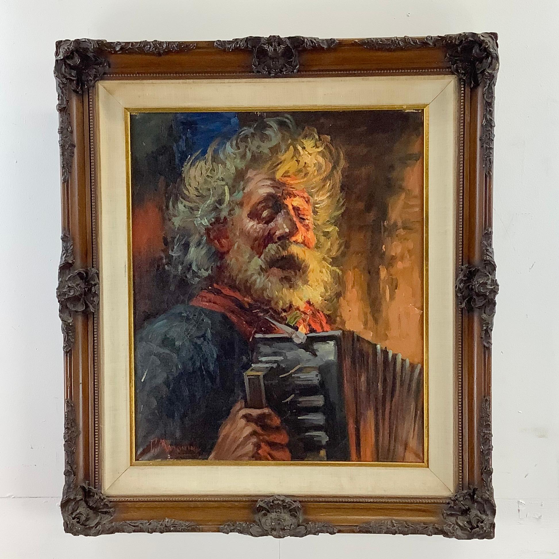 Impressionistisches Gemälde „Accordion Player“ von G. Madonini, Öl auf Leinwand im Angebot 5