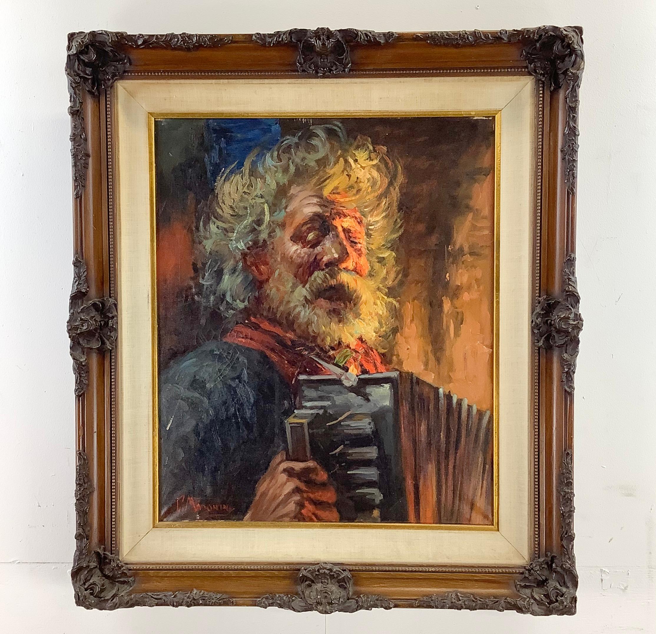 The impressive mid-century oil on canvas depicts a red-faced and white haired accordion player signed G. Madonini. The rich palette of this vintage painting is attributed to Giovanni Madonini based on signature and brings a warm energy to any