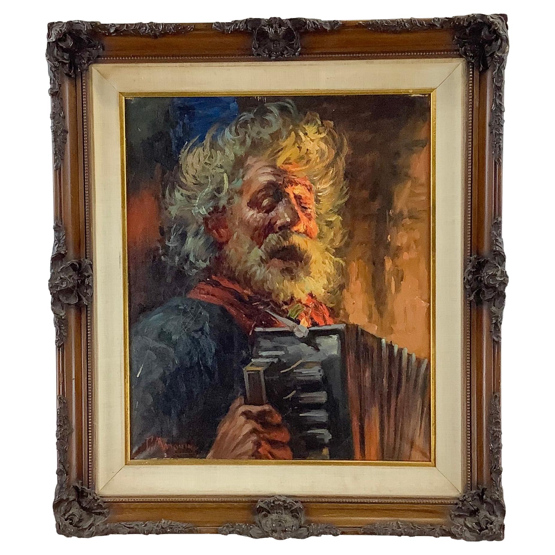 Vintage "Accordion Player" Oil on Canvas Impressionist Painting by G. Madonini For Sale