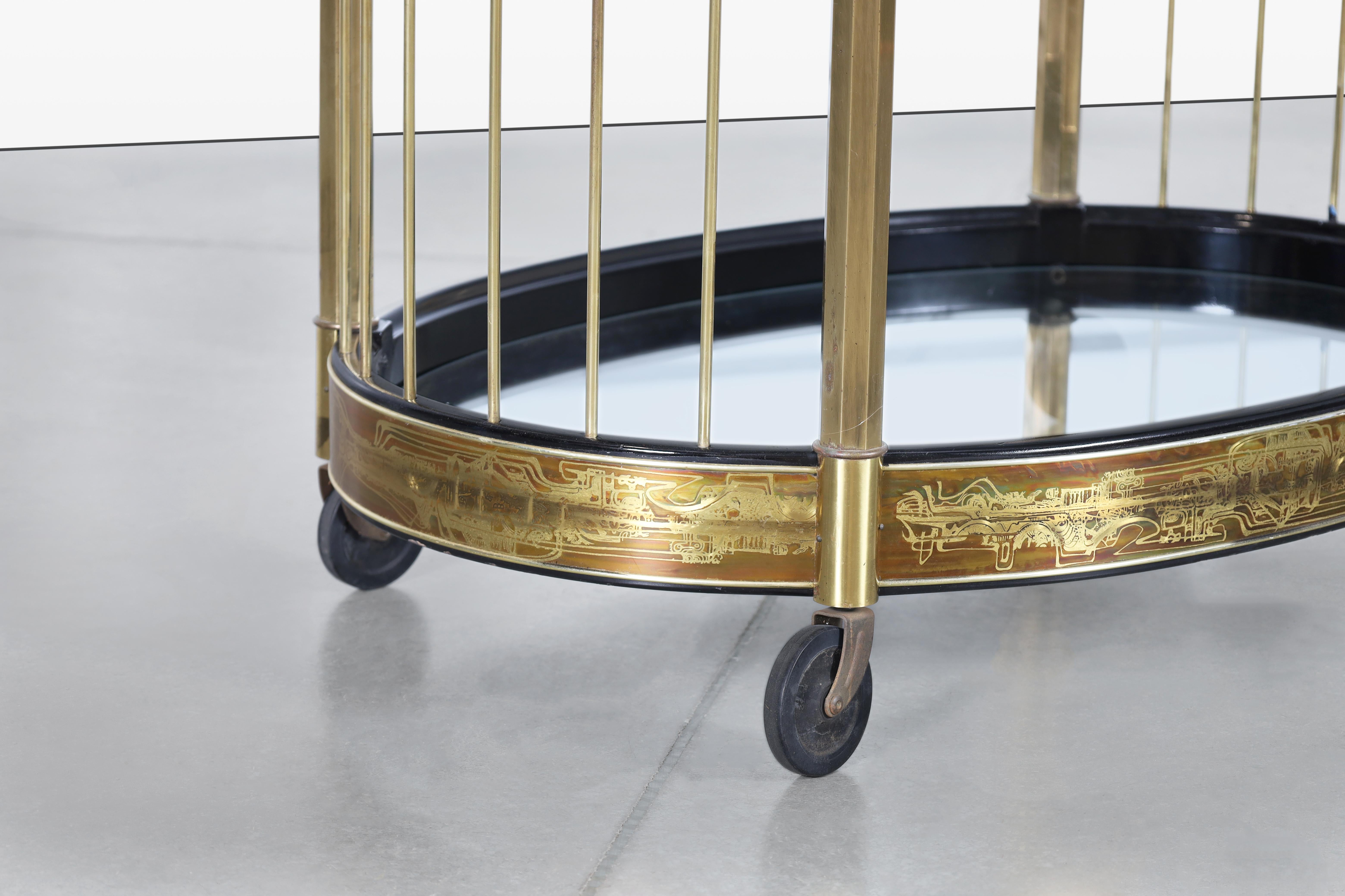 Carrello da bar in ottone e vetro acidato vintage di Bernhard Rohne per Mastercraft in vendita 4