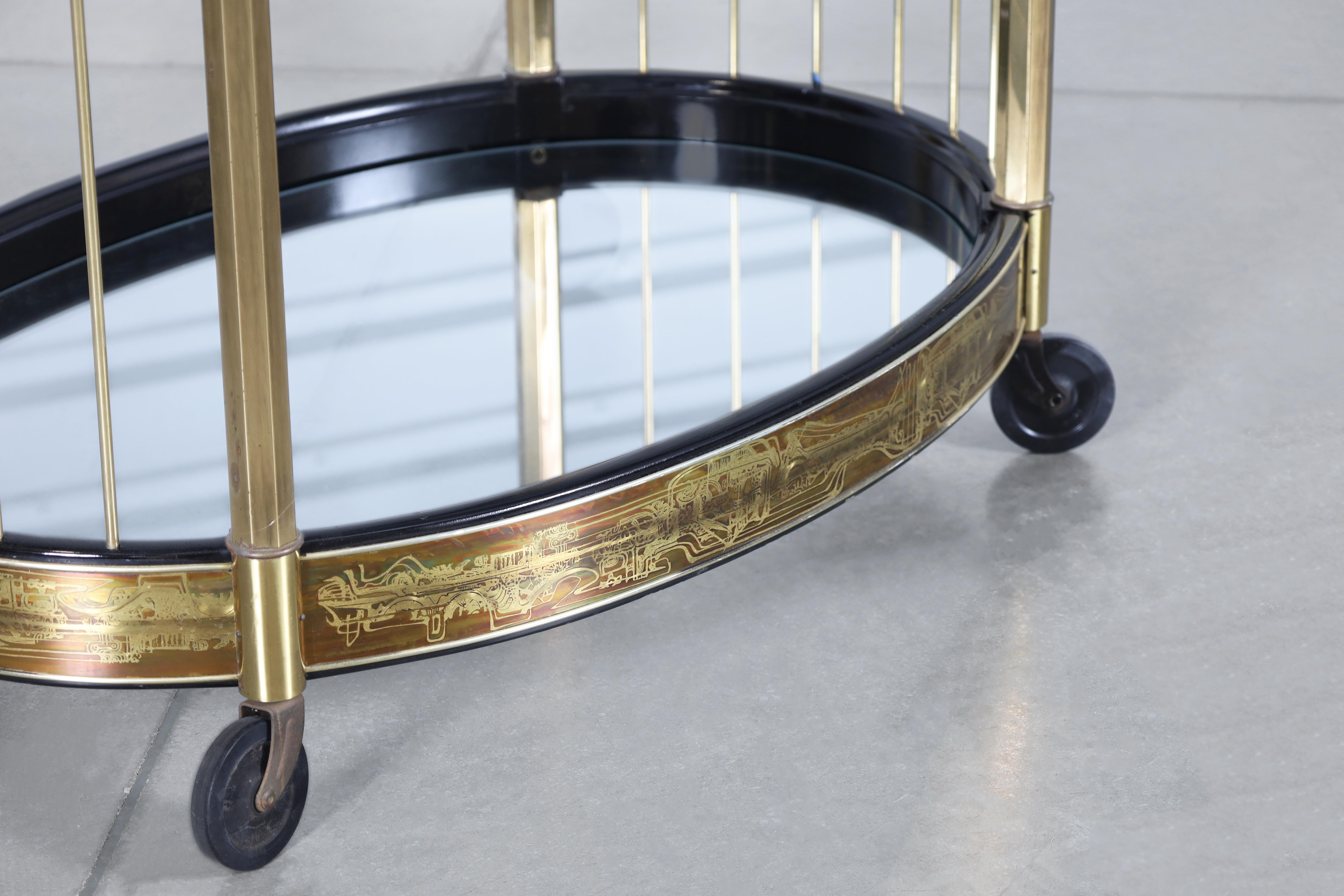 Carrello da bar in ottone e vetro acidato vintage di Bernhard Rohne per Mastercraft in vendita 5