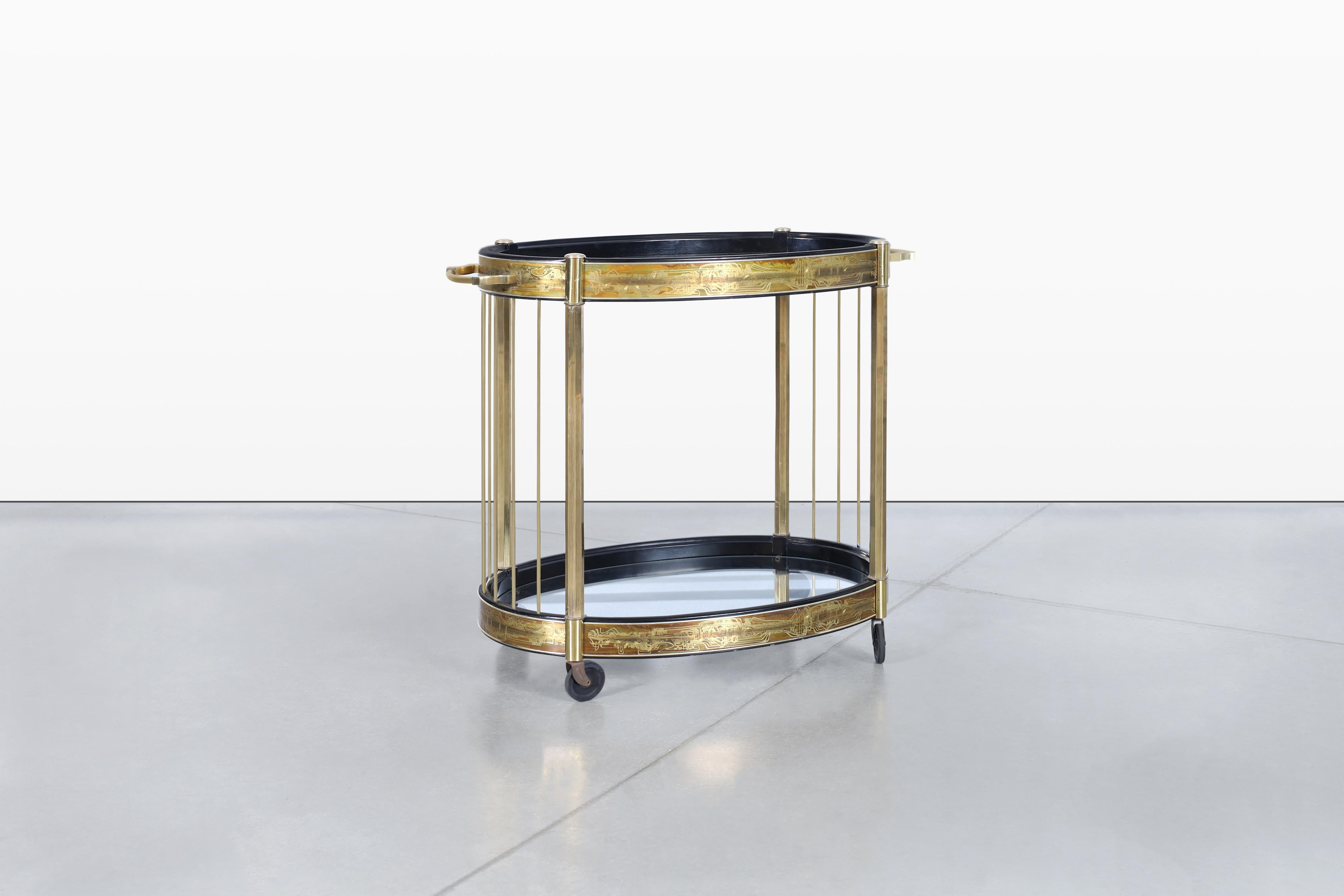 Carrello da bar in ottone e vetro acidato vintage di Bernhard Rohne per Mastercraft in vendita 2