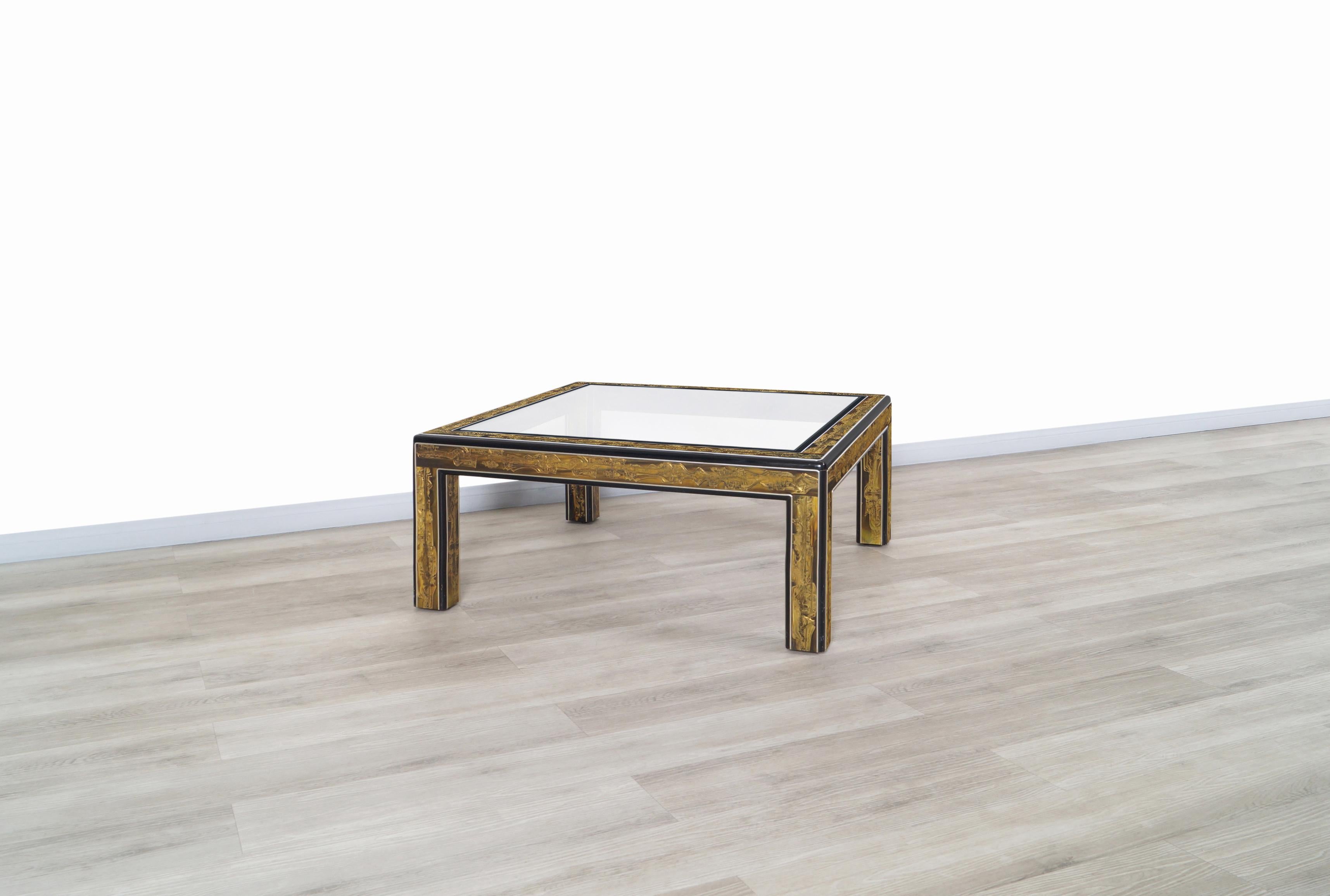 Vintage Acid Etched Brass Coffee Table by Bernard Rohne for Mastercraft For Sale 4