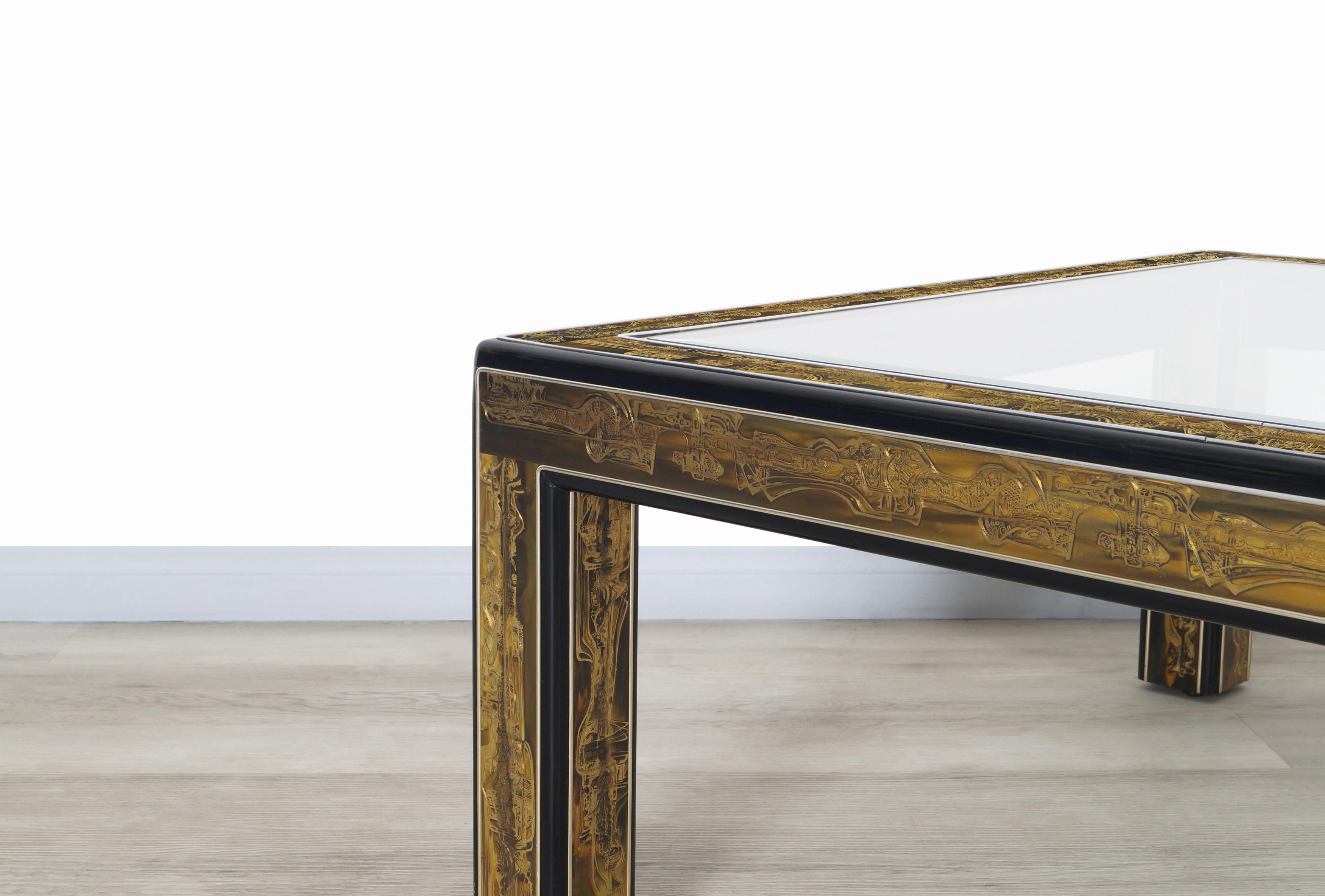 Vintage Acid Etched Brass Coffee Table by Bernard Rohne for Mastercraft 1