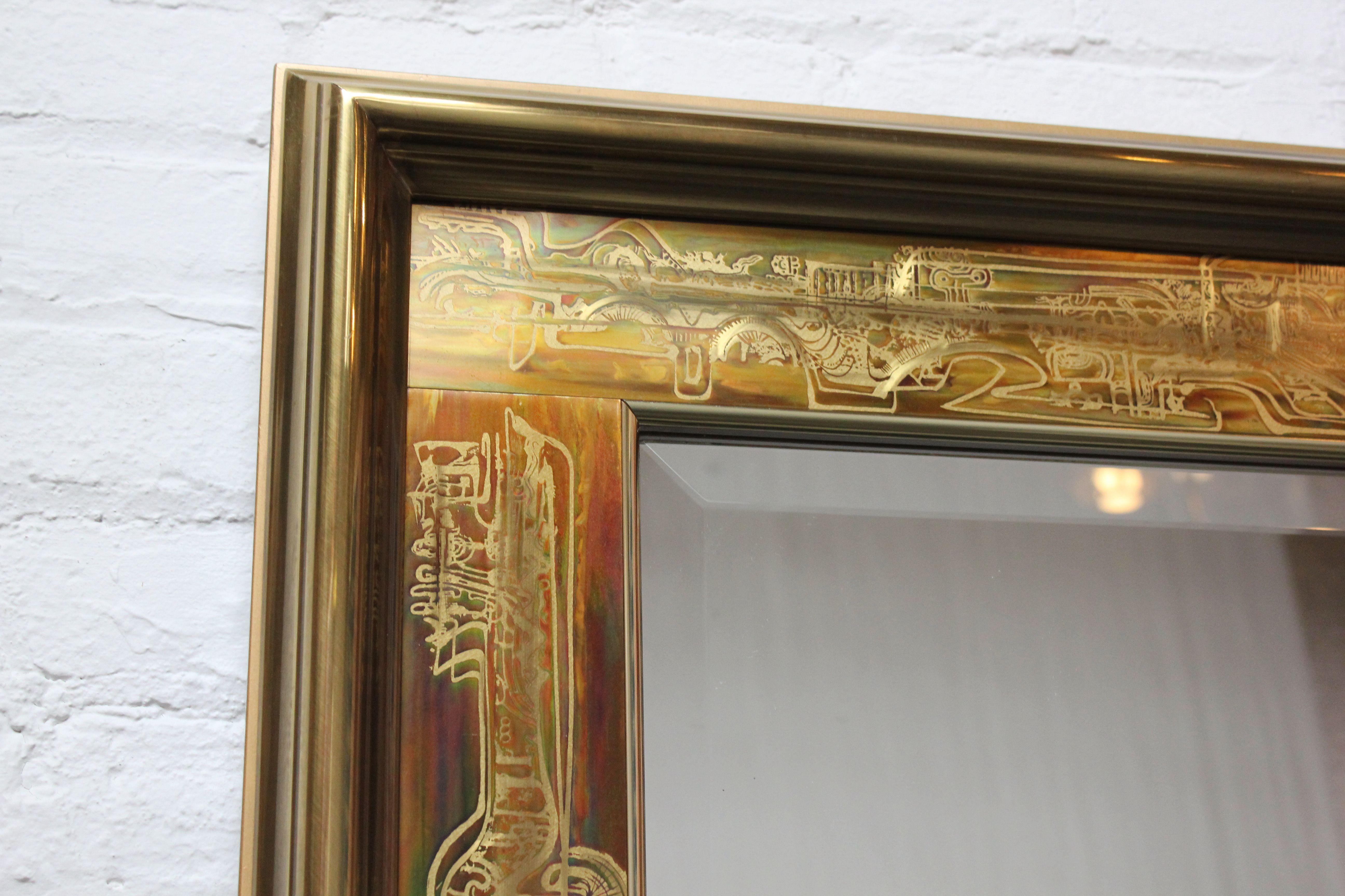 Vintage Acid-Etched Brass Wall Mirror by Bernhard Rohne for Mastercraft For Sale 3