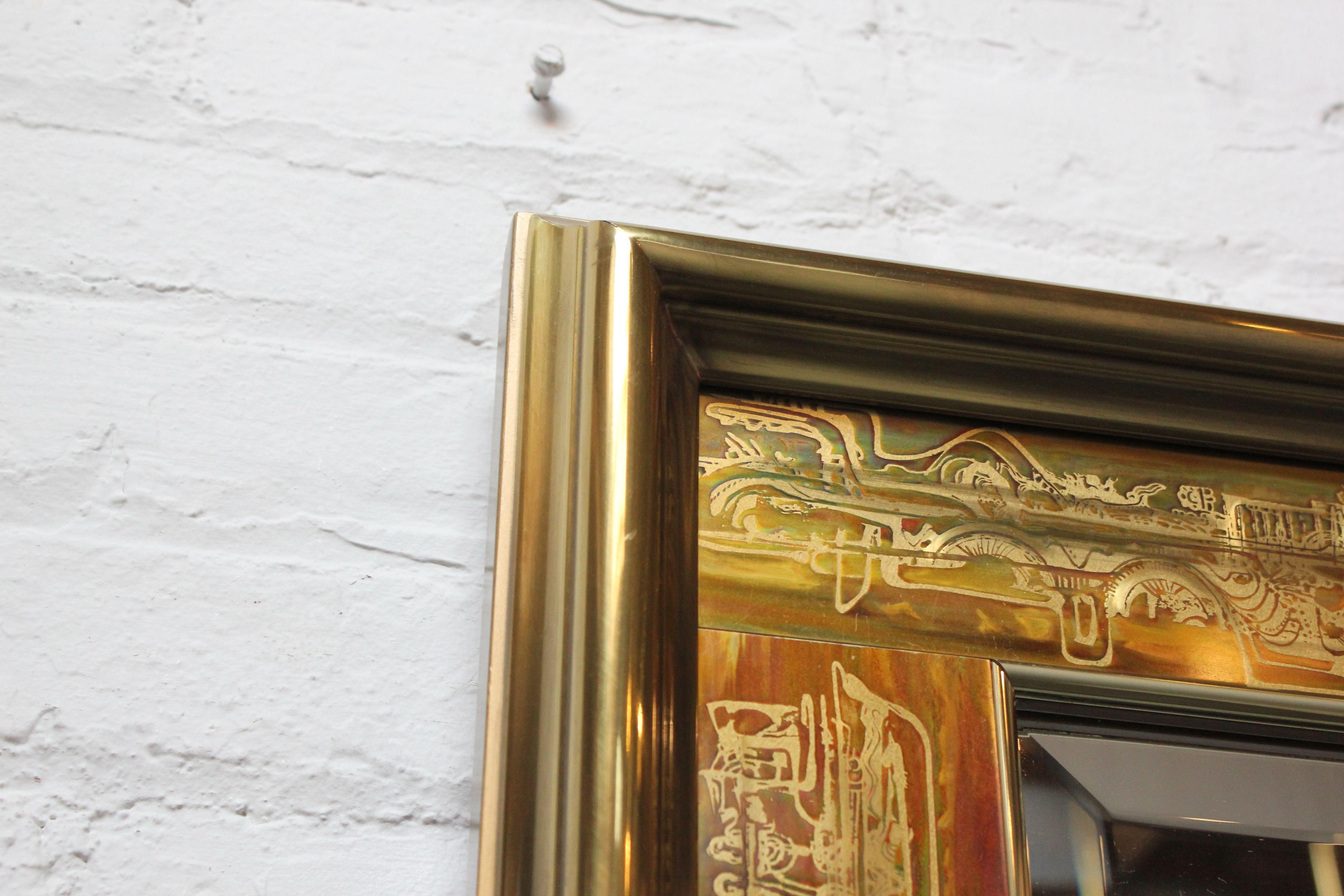 Vintage Acid-Etched Brass Wall Mirror by Bernhard Rohne for Mastercraft For Sale 4