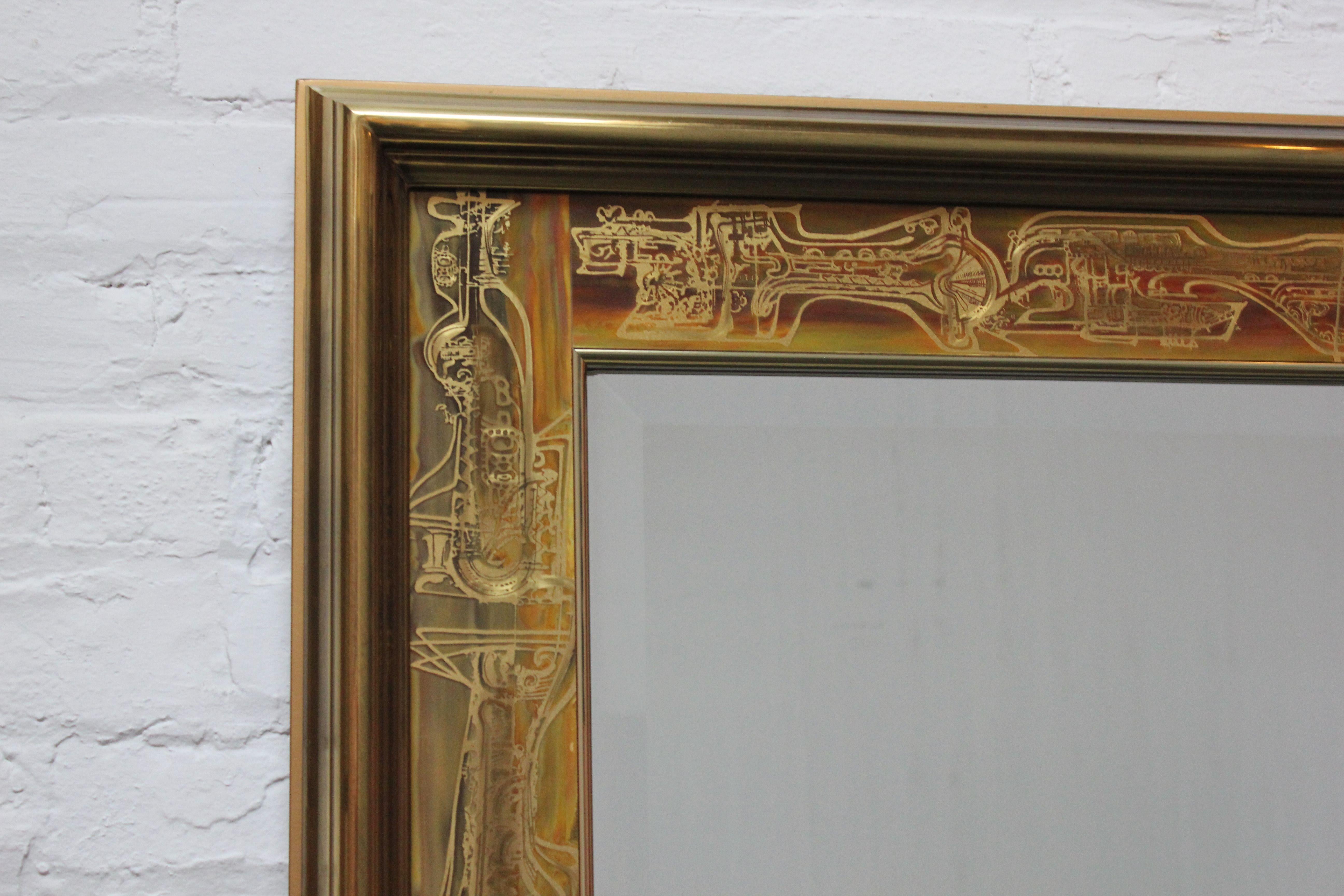 American Vintage Acid-Etched Brass Wall Mirror by Bernhard Rohne for Mastercraft For Sale