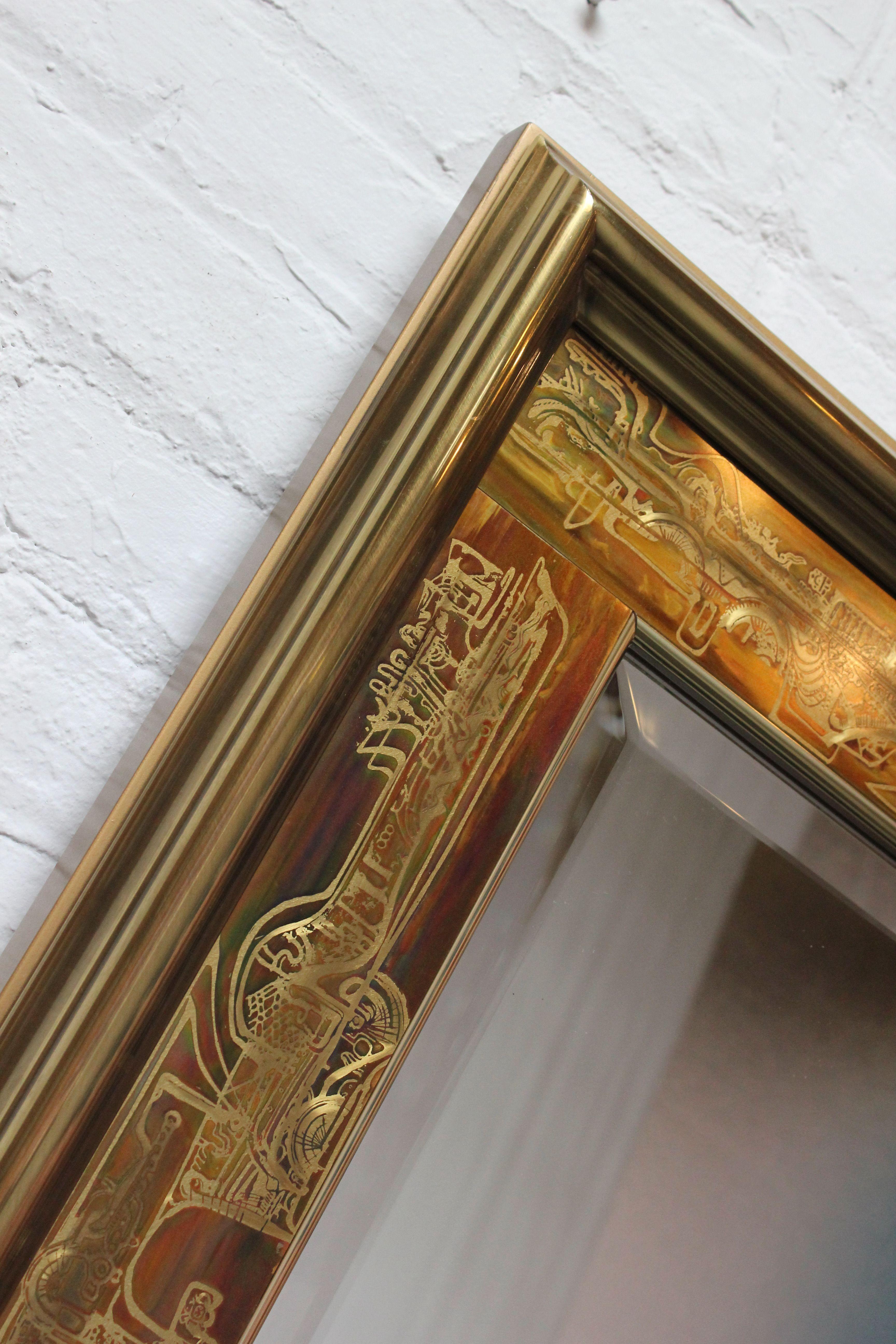 Beveled Vintage Acid-Etched Brass Wall Mirror by Bernhard Rohne for Mastercraft For Sale