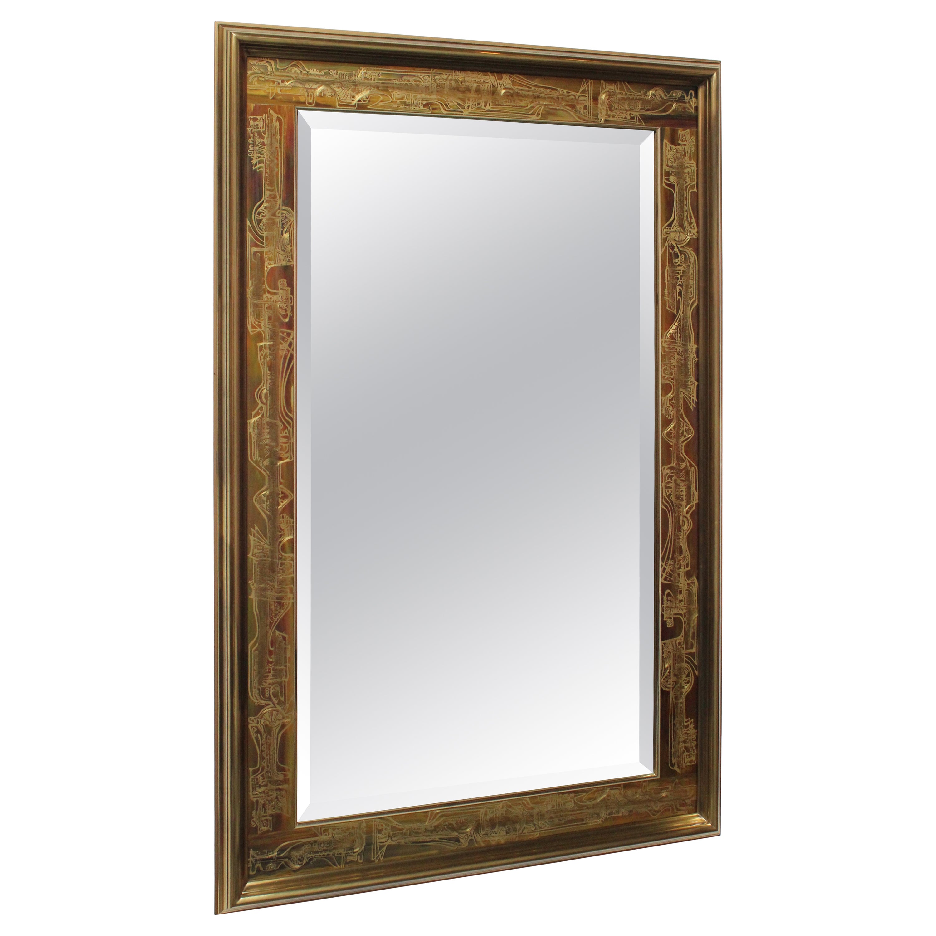 Miroir mural vintage en laiton gravé à l'acide de Bernhard Rohne pour Mastercraft
