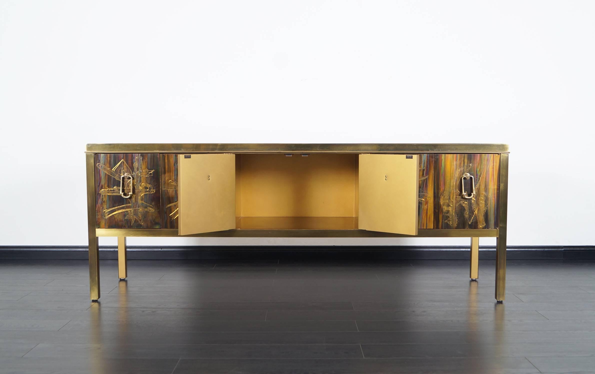 American Vintage Mastercraft Credenza with Acid Etched Panels by Bernard Rohne