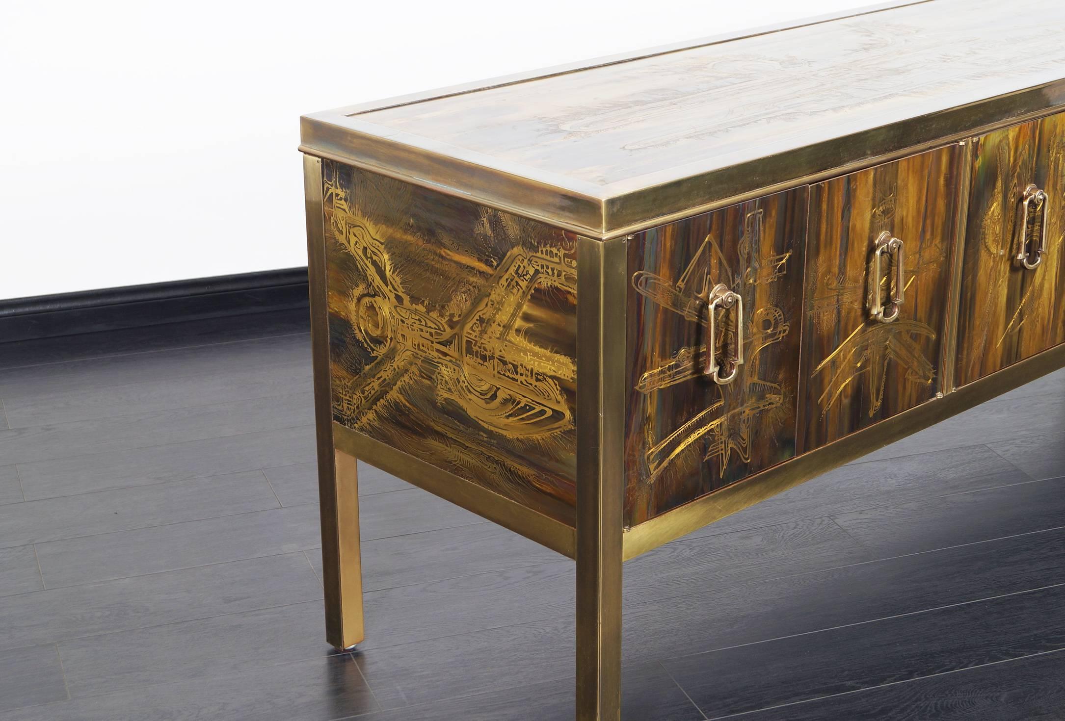 Late 20th Century Vintage Mastercraft Credenza with Acid Etched Panels by Bernard Rohne