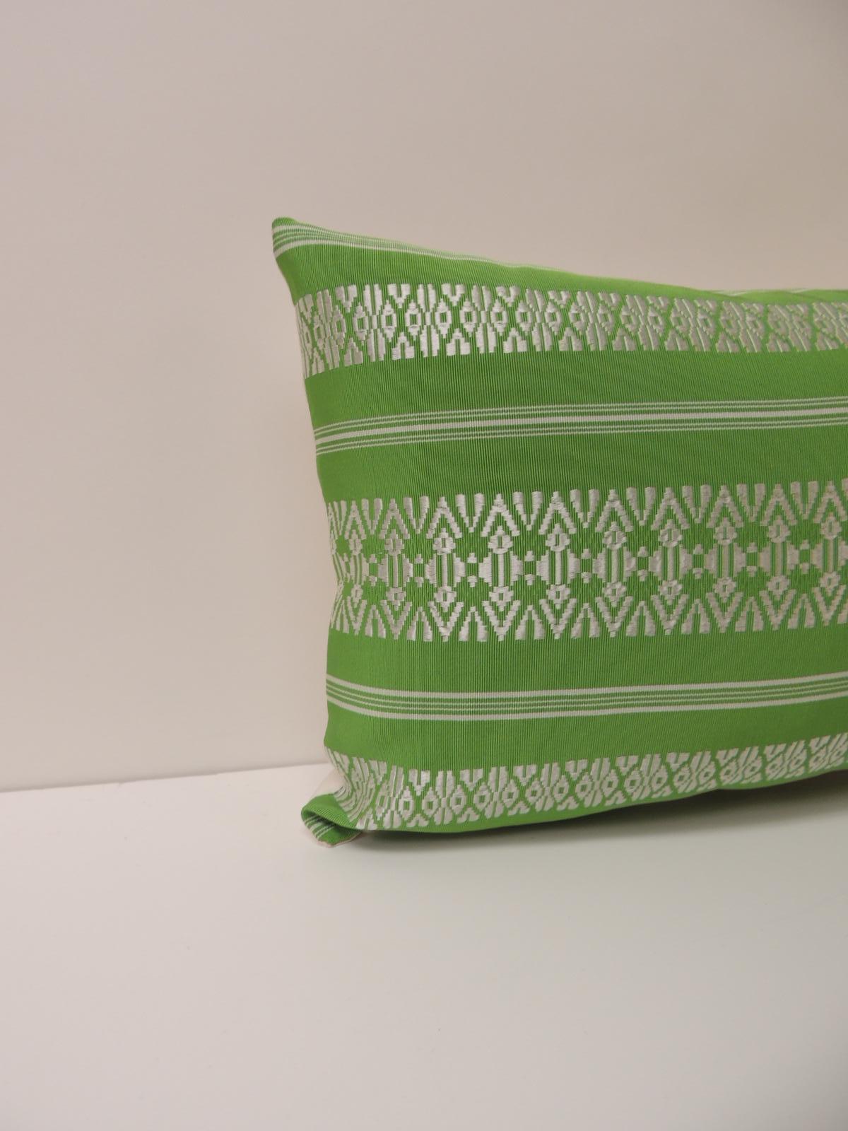 Vintage acid green woven stripes silk Asian decorative lumbar pillow with natural silk backing,
decorative pillow handcrafted and designed in the USA. Closure by stitch (no zipper closure) with custom made pillow insert.
Size: 12 x 20 x 6.