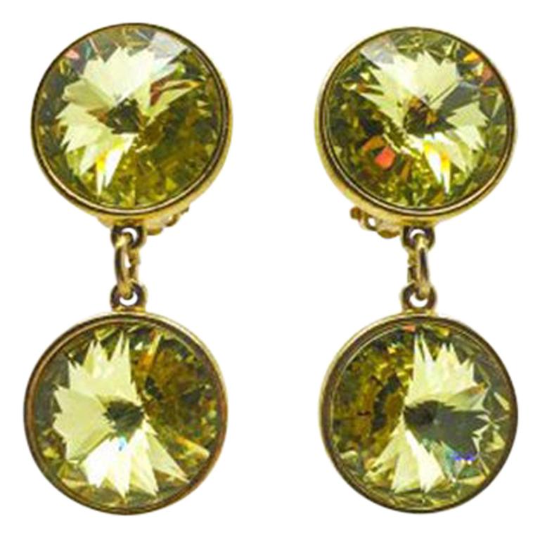 Vintage Acid Yellow Rivoli Crystal Drop Earrings 1980S For Sale