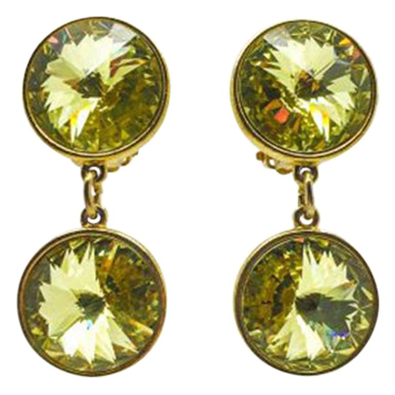 Vintage Acid Yellow Rivoli Crystal Drop Earrings 1980S  For Sale