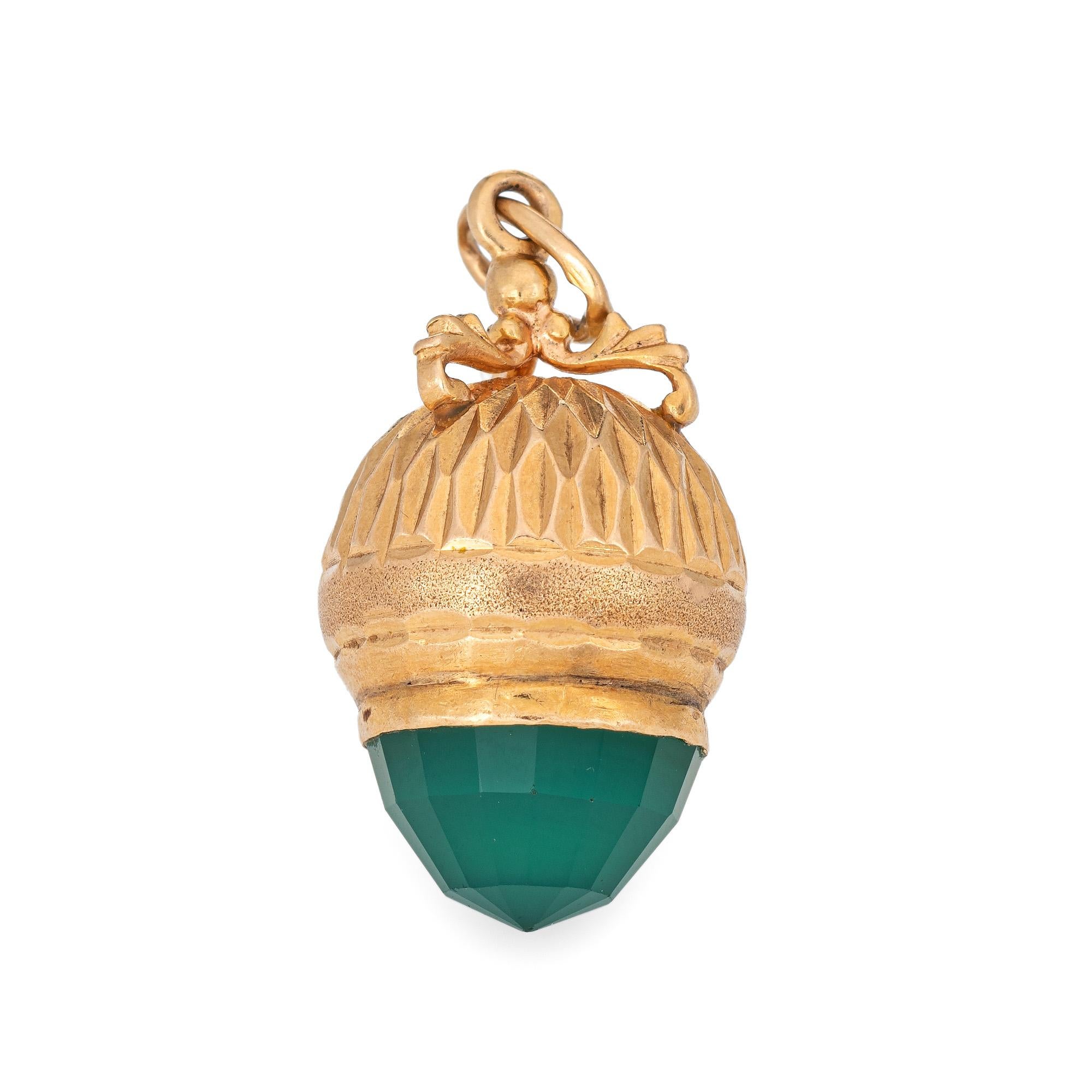 Modern Vintage Acorn Charm 14k Yellow Gold Green Chrysoprase Pendant Nature Jewelry
