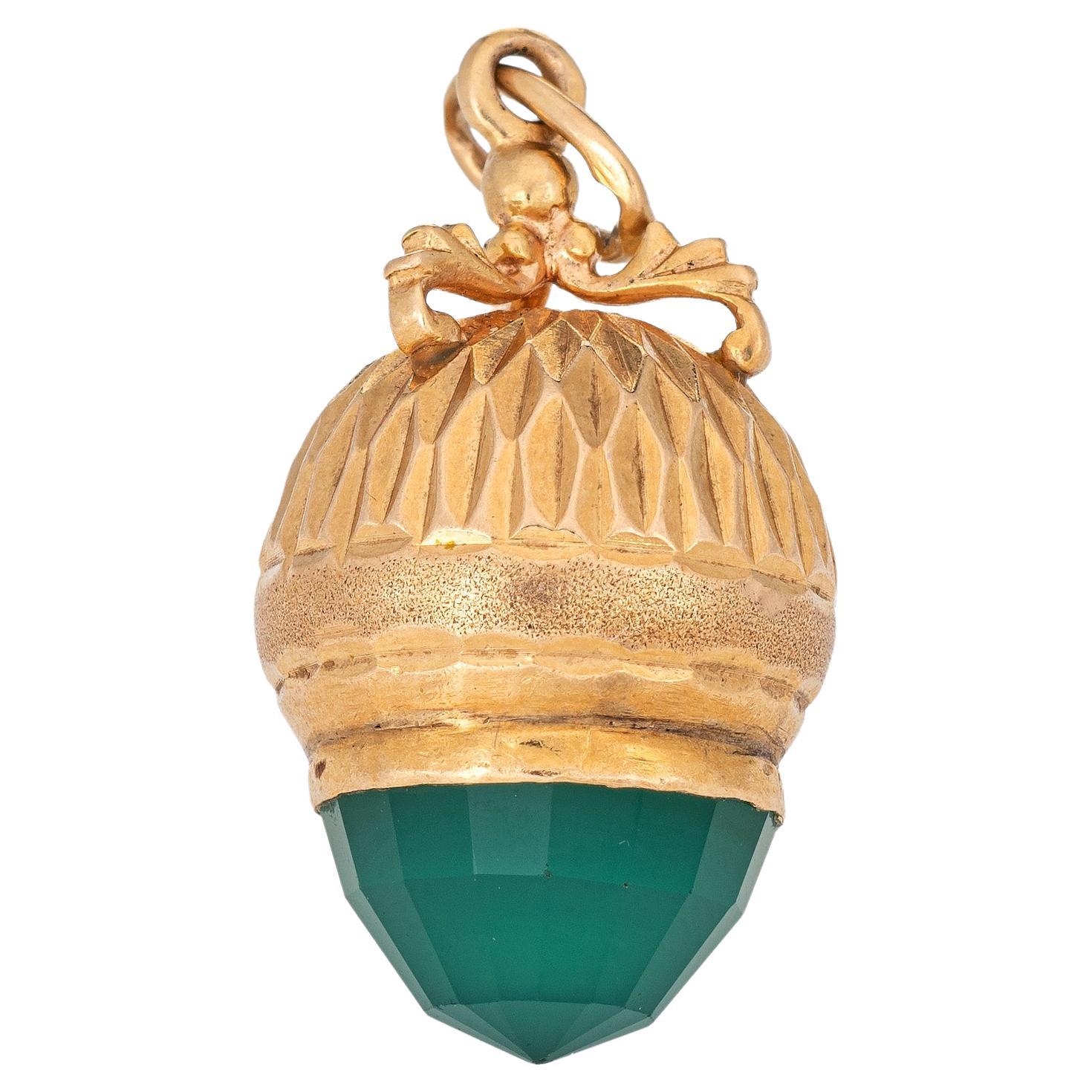 Vintage Acorn Charm 14k Yellow Gold Green Chrysoprase Pendant Nature Jewelry