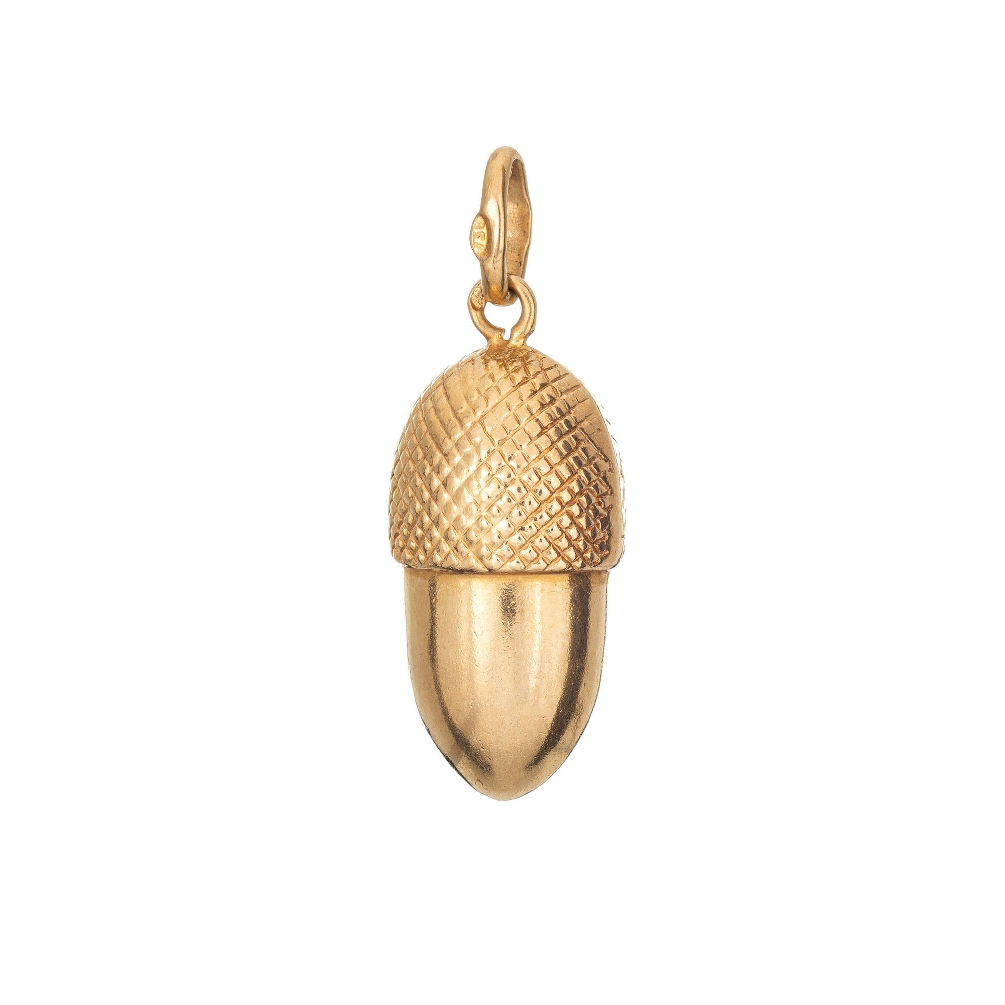 Finely detailed vintage Acorn charm crafted in 18k yellow gold.  

The fruit of the oak tree, the acorn has a smooth nut with a textured cap. The acorn is considered a lucky symbol, representing prosperity and spiritual growth. The bale measures 3mm