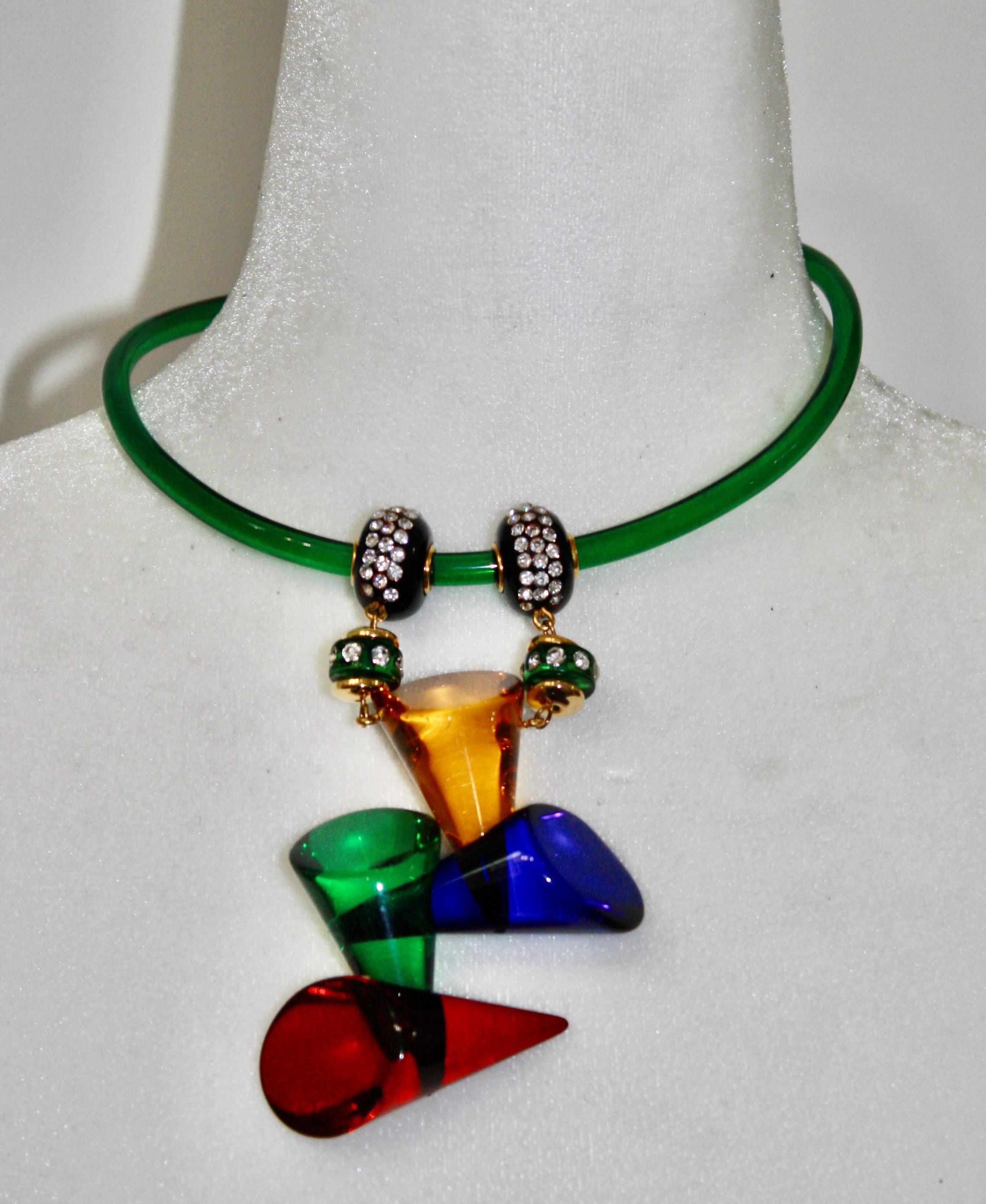 Vintage Acrylic and Crystal Double Drop Choker In New Condition In Virginia Beach, VA