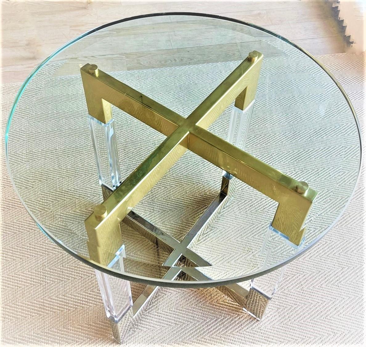 Mid-Century Modern Vintage Acrylic Brass Nickle Side Table with a Glass Top by Charles Hollis Jones
