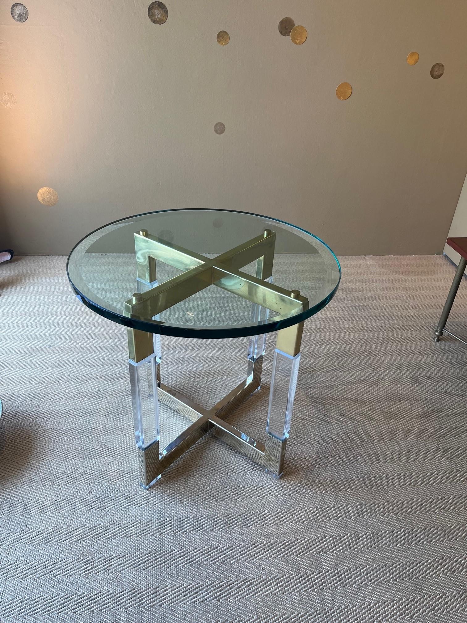 Hand-Crafted Vintage Acrylic Brass Nickle Side Table with a Glass Top by Charles Hollis Jones