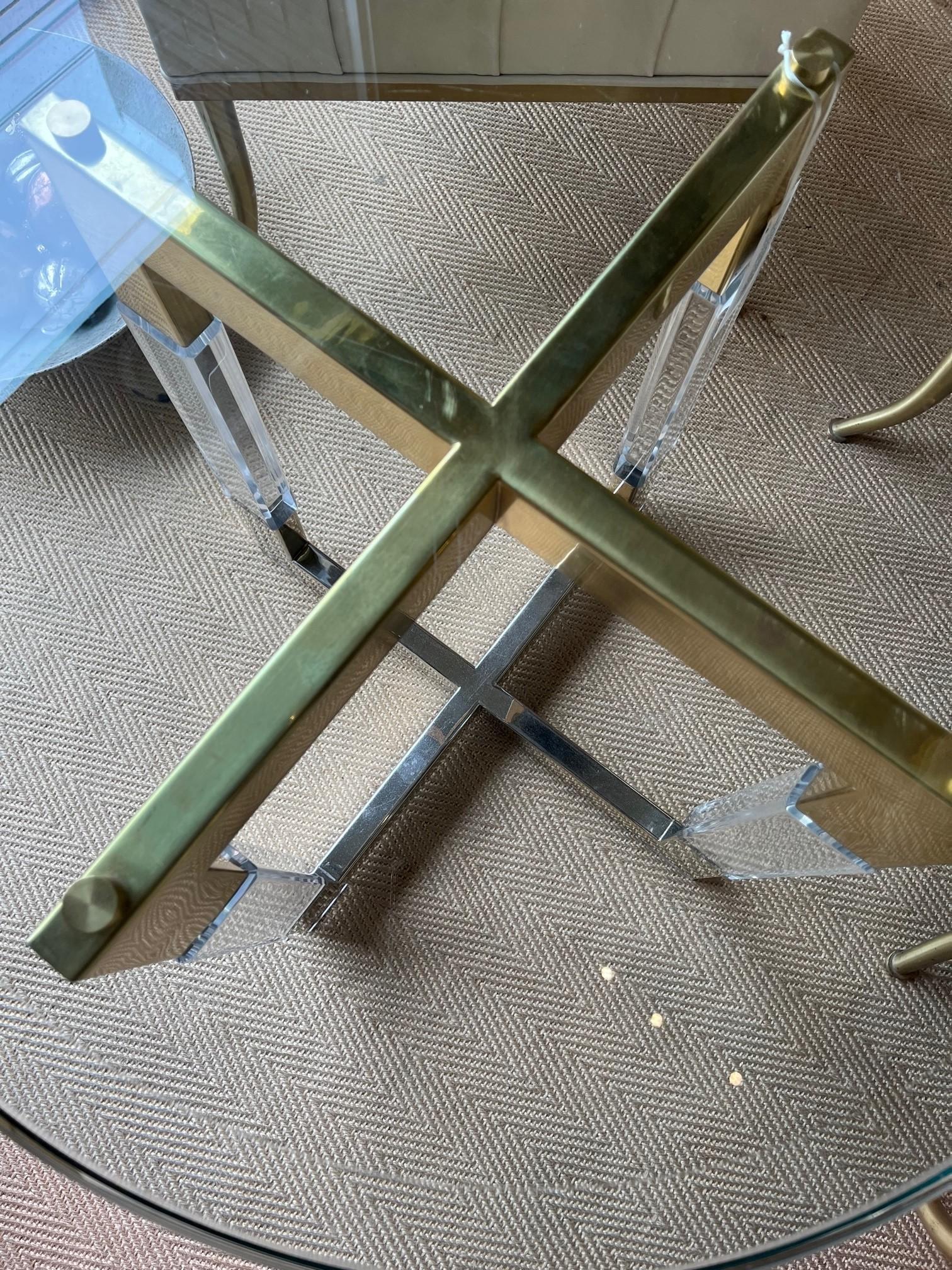 Vintage Acrylic Brass Nickle Side Table with a Glass Top by Charles Hollis Jones In Good Condition In Los Angeles, CA