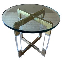 Used Acrylic Brass Nickle Side Table with a Glass Top by Charles Hollis Jones