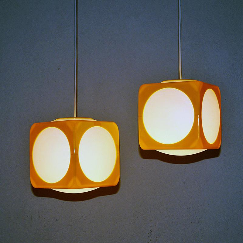 Plastic Vintage acrylic cube pendant pair by Schiöler for IKEA 1970s Sweden