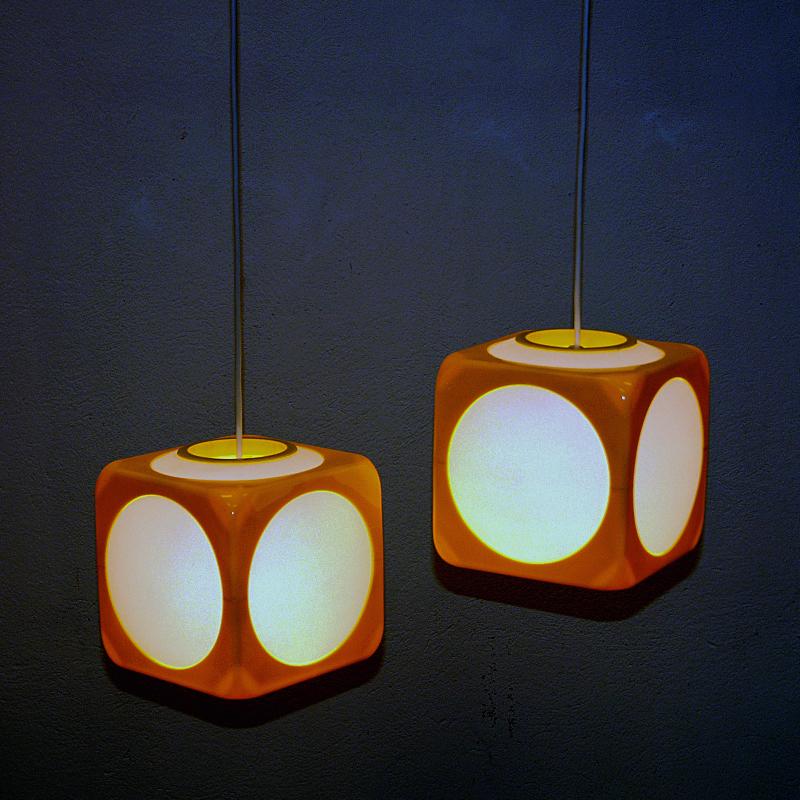 Vintage acrylic cube pendant pair by Schiöler for IKEA 1970s Sweden 1