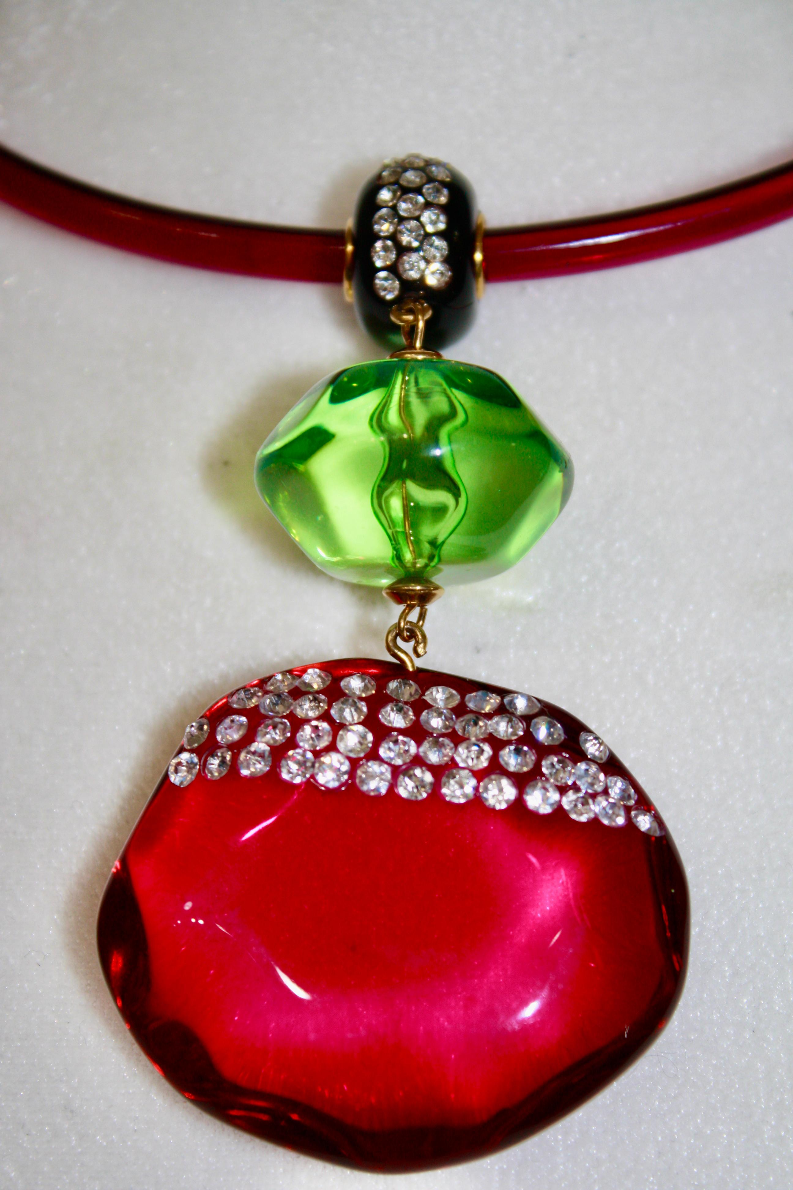 Modern Vintage Acrylic Fuchsia and Green Drop Architectural Necklace