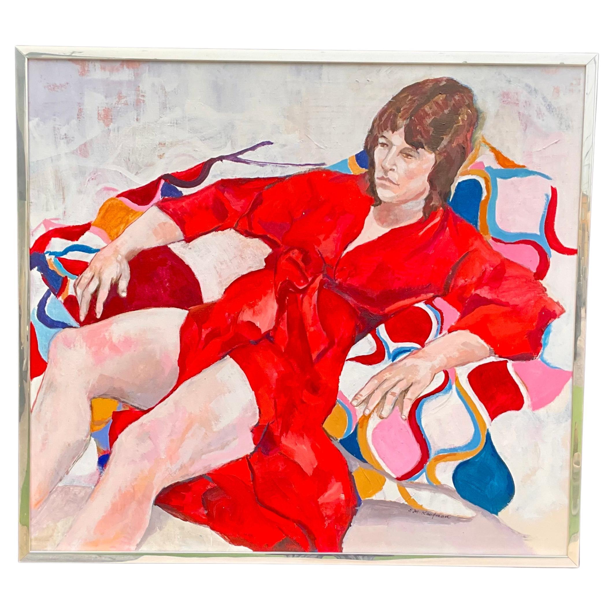 Vintage Acrylic on Canvas by E.M. Kaufman Lady in Red