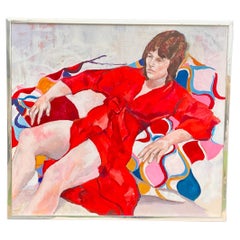 Vintage Acrylic on Canvas by E.M. Kaufman Lady in Red