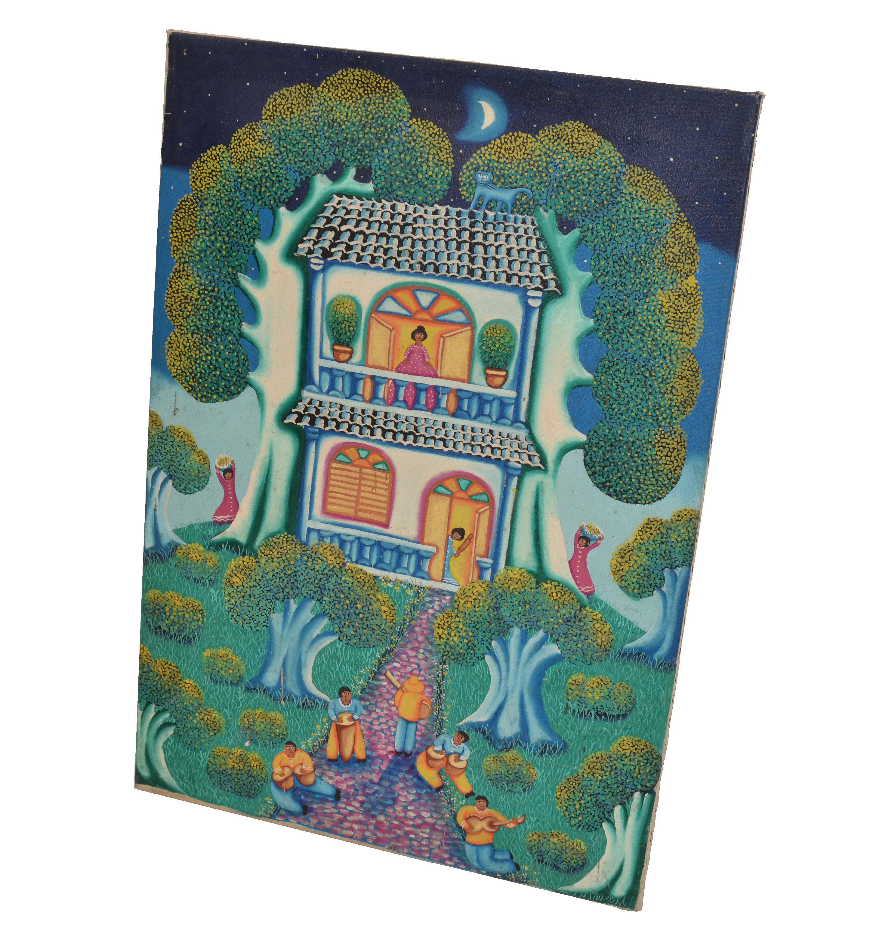 Colorful vintage acrylic painting of Haitian House and Country scene on canvas.
Made in Haiti in the 1970. 
Good vintage condition with signs of wear.
 