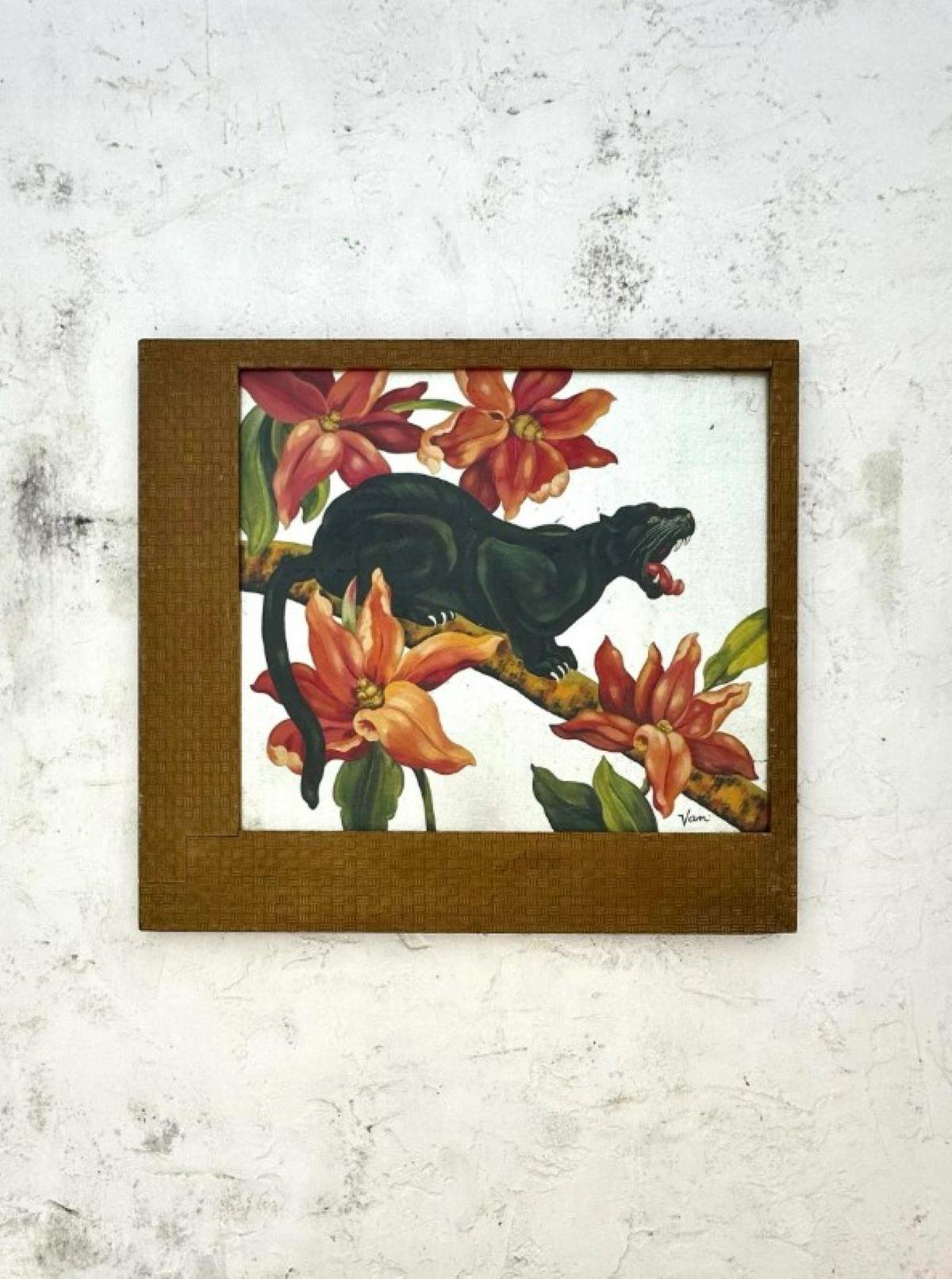 A vintage acrylic painting on foiled board of a Black Panther is an interesting and visually striking piece! The combination of acrylic paint and the reflective surface of foiled board could create a dynamic contrast, giving the artwork a modern yet
