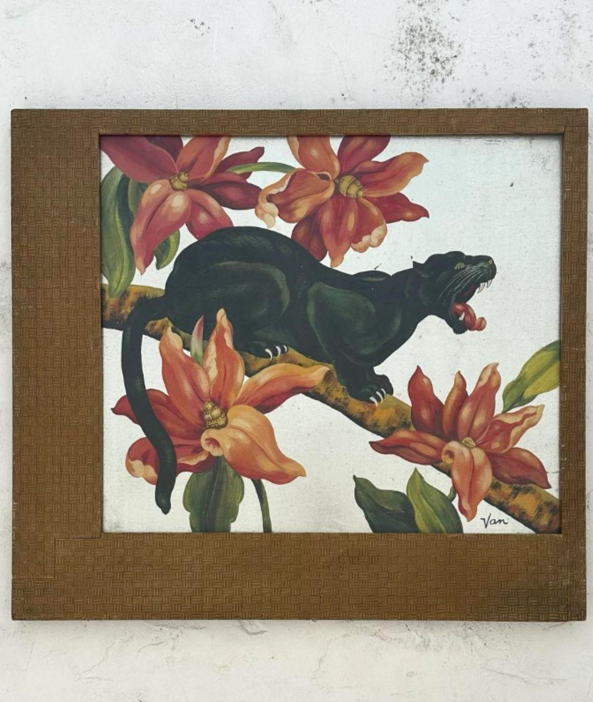 Vintage Acrylic on Foiled Board of Black Panther In Good Condition For Sale In west palm beach, FL