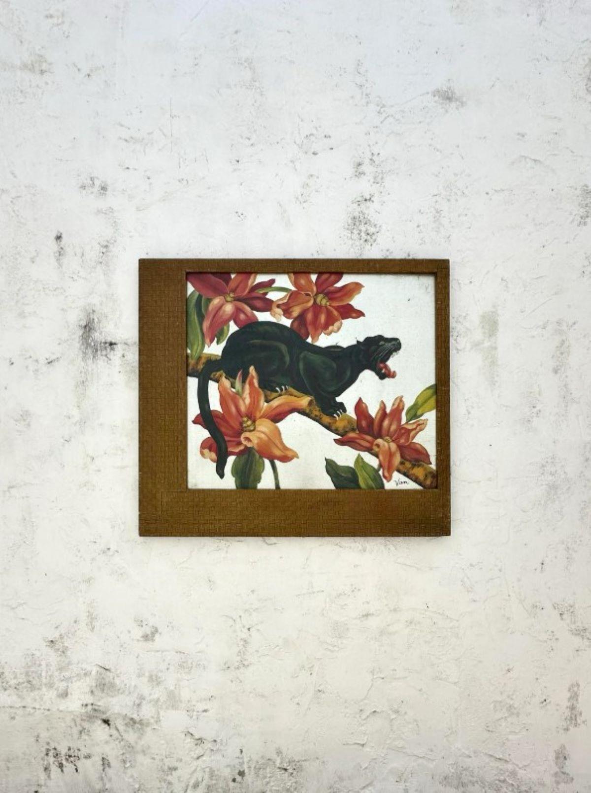 Glass Vintage Acrylic on Foiled Board of Black Panther For Sale