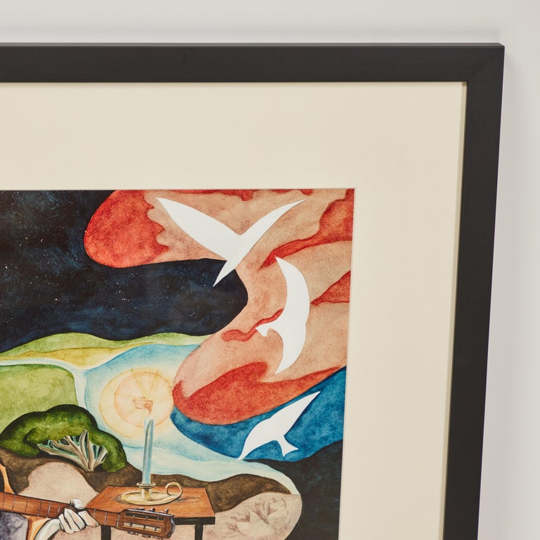 Vintage Acrylic Painting on Paper of Musician, Signed by Artist, circa