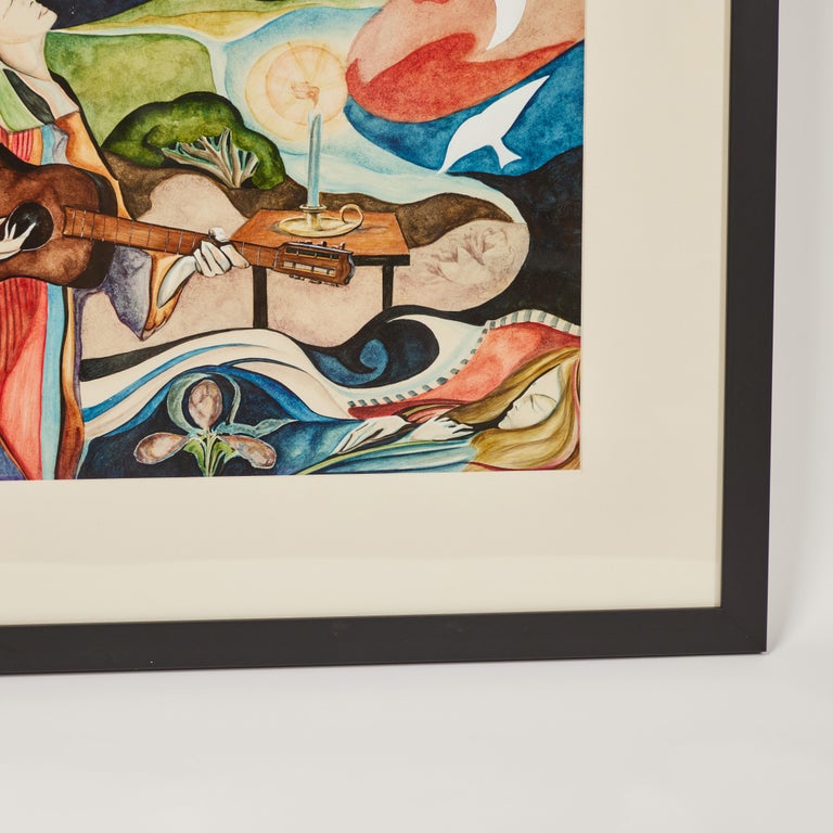 Vintage Acrylic Painting on Paper of Musician, Signed by Artist, circa