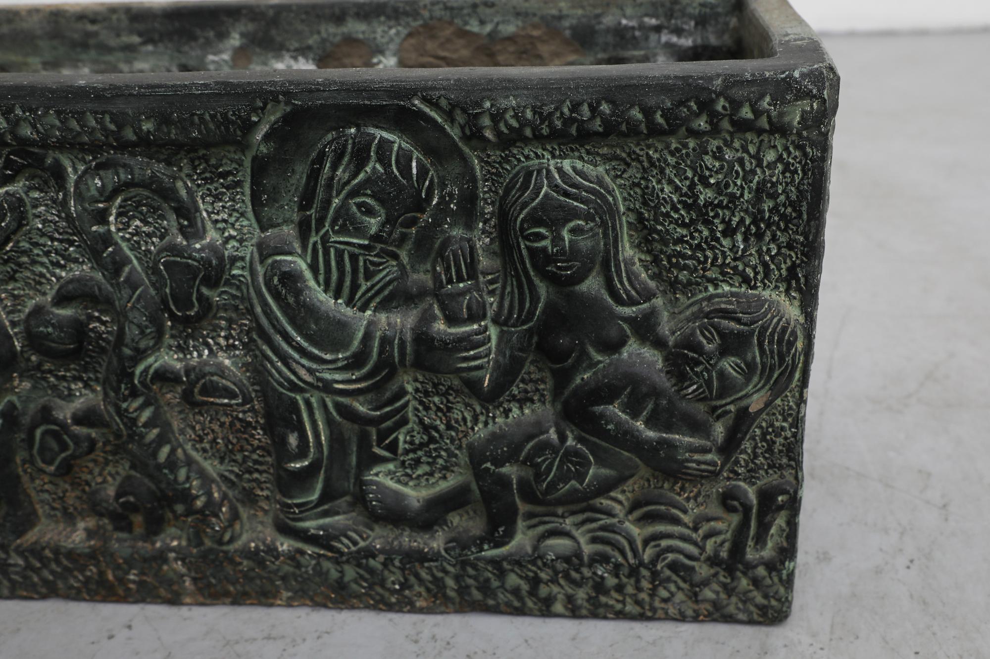 Vintage Adam and Eve Green Engraved Ceramic Planter Box For Sale 3