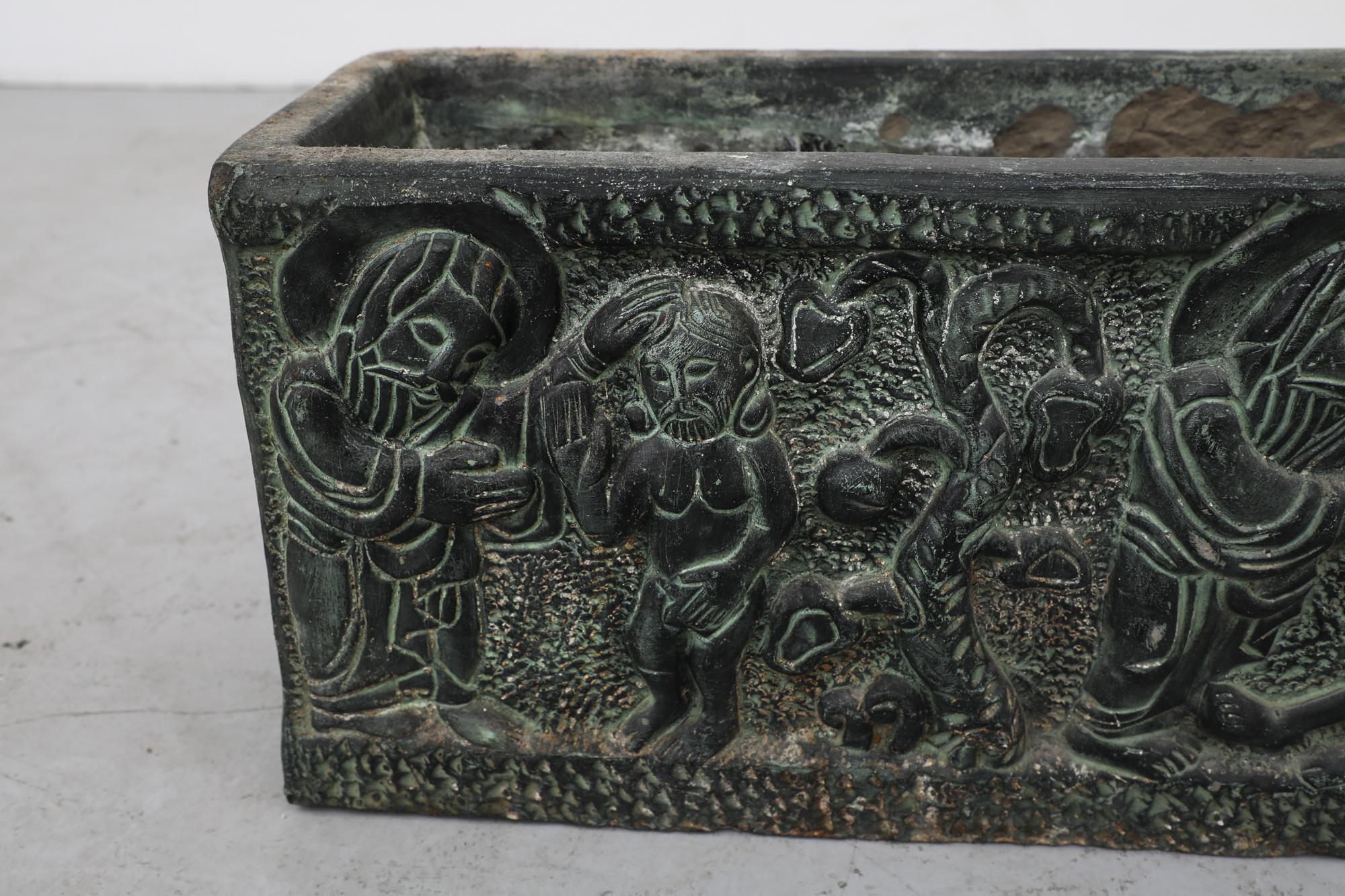 Vintage Adam and Eve Green Engraved Ceramic Planter Box For Sale 4